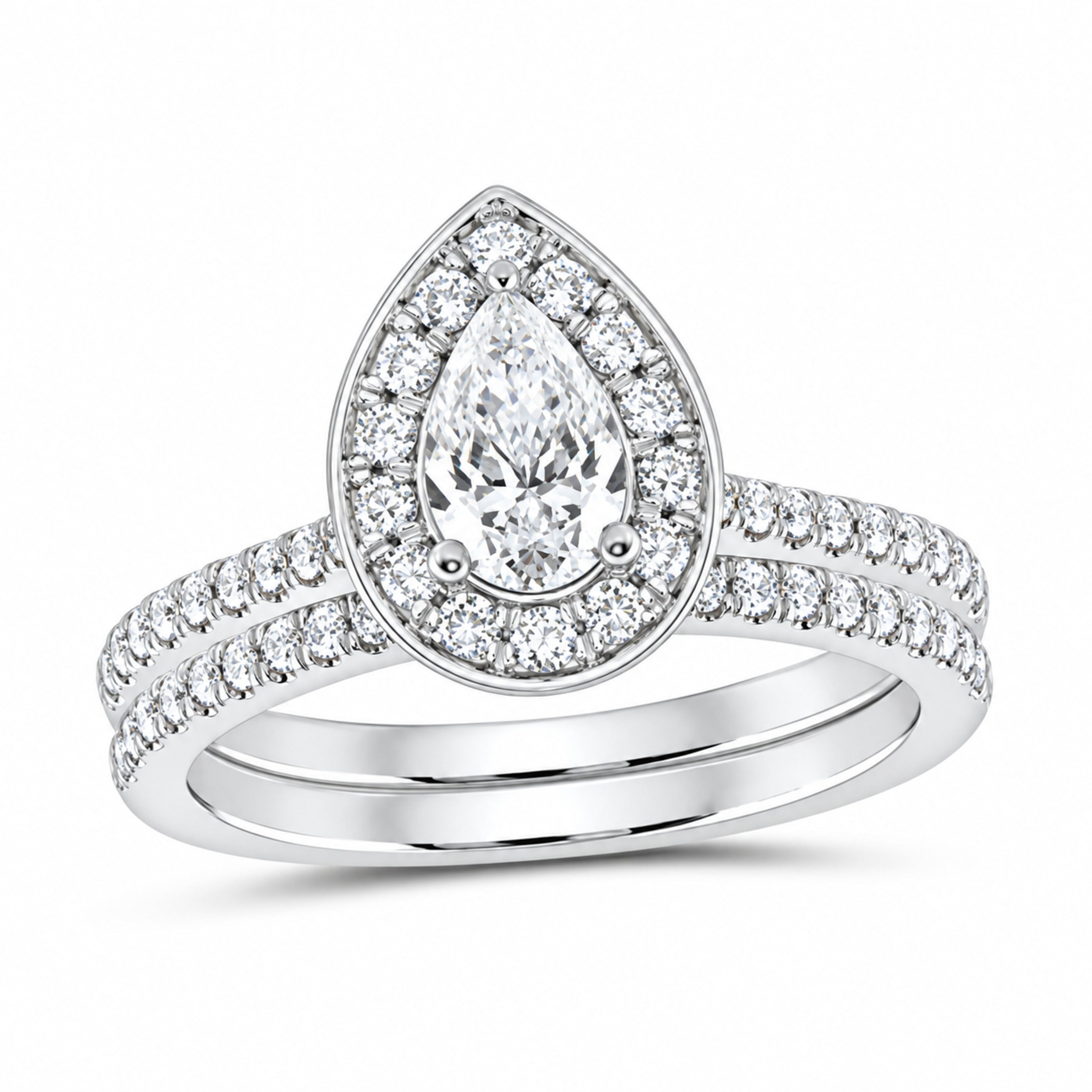 14K White Gold 1 CTW Lab-Grown Diamond Pear Single Halo Bridal Ring Set — SKU 11685