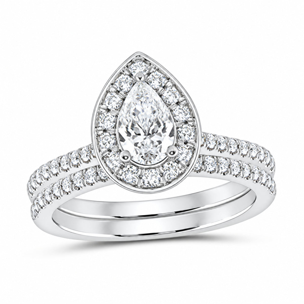 14K White Gold 1 CTW Lab-Grown Diamond Pear Single Halo Bridal Ring Set — SKU 11685