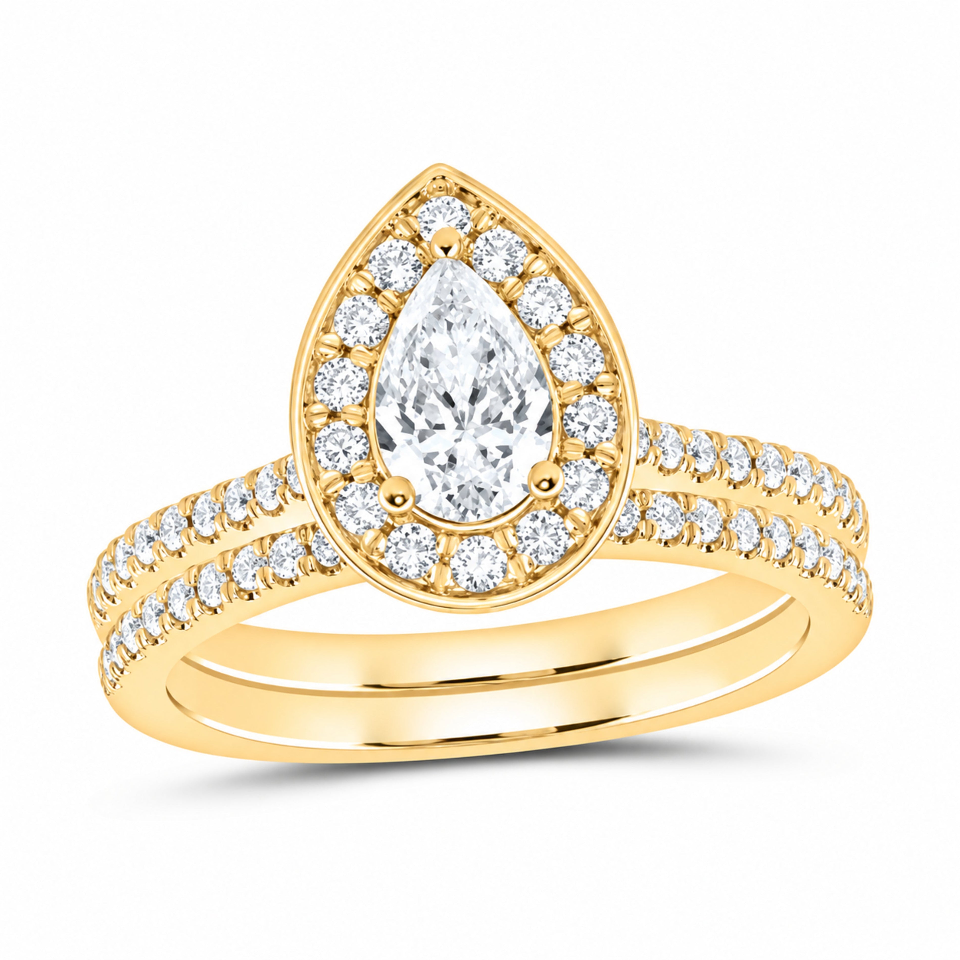14K Yellow Gold 1 CTW Lab-Grown Diamond Pear Single Halo Bridal Ring Set — SKU 11687