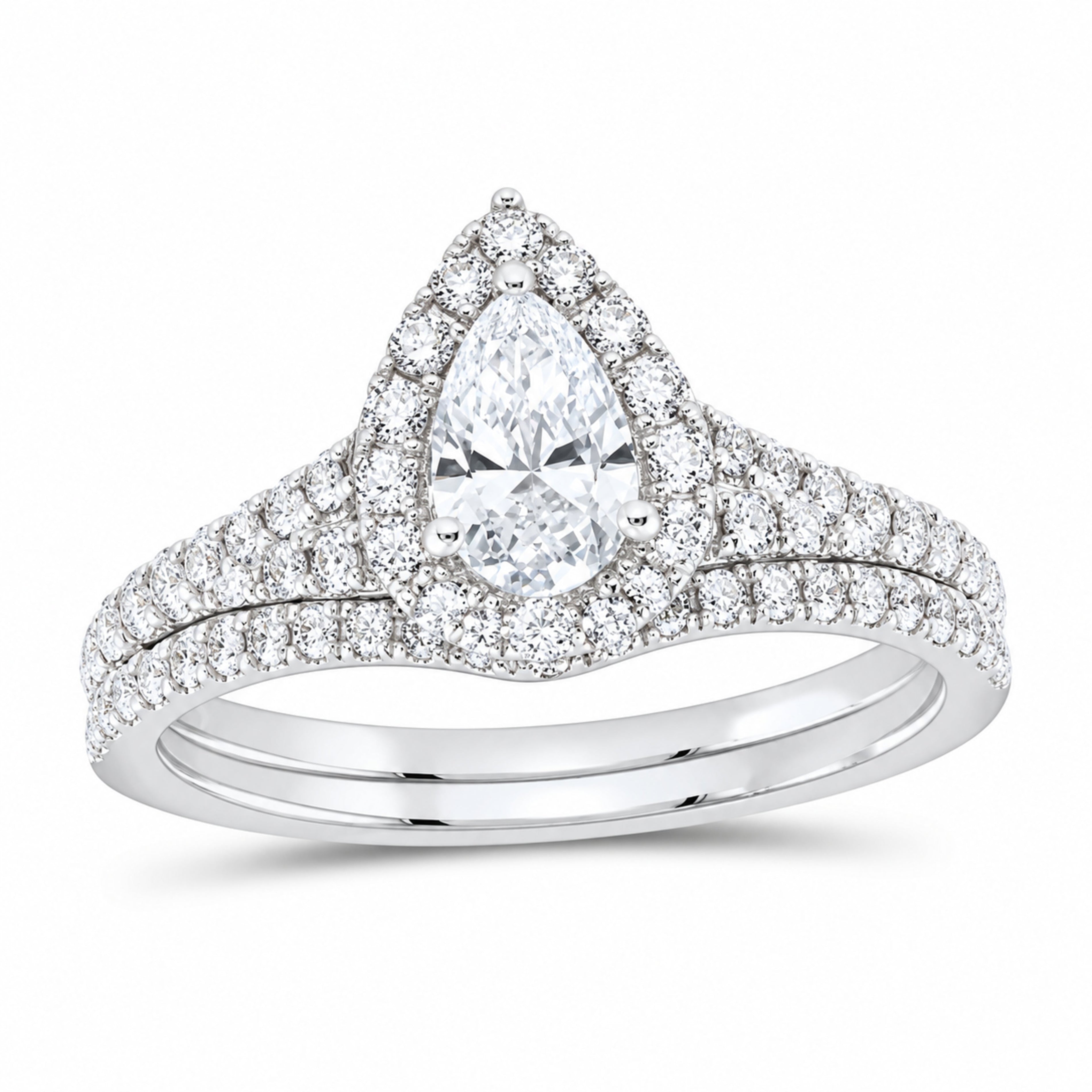 14K White Gold 1 CTW Lab-Grown Diamond Pear Single Halo Bridal Ring Set — SKU 11691