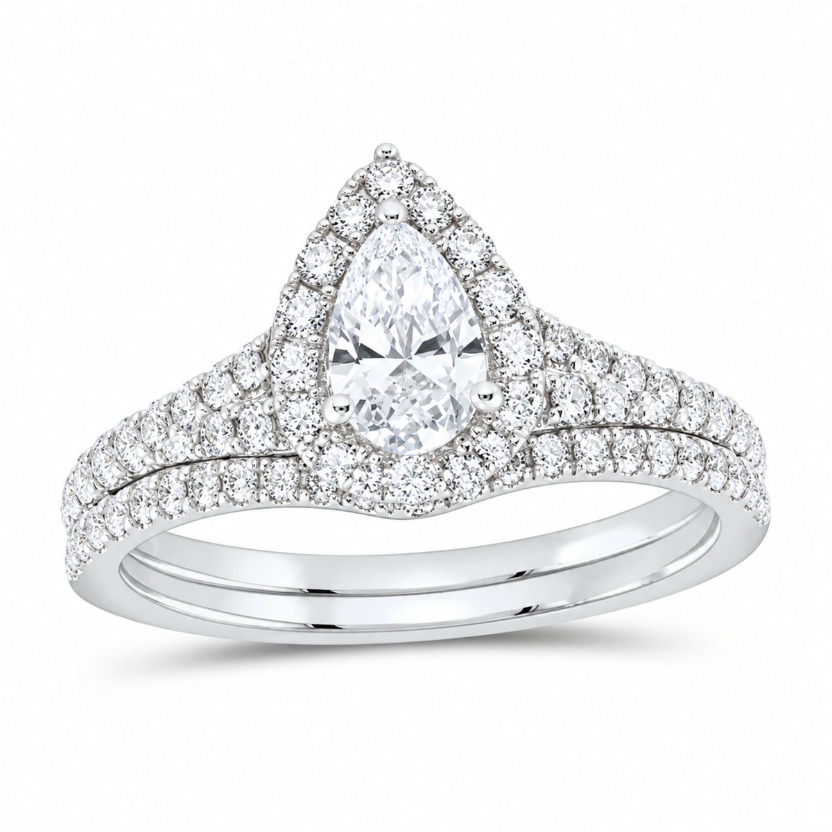 14K White Gold 1 CTW Lab-Grown Diamond Pear Single Halo Bridal Ring Set — SKU 11691