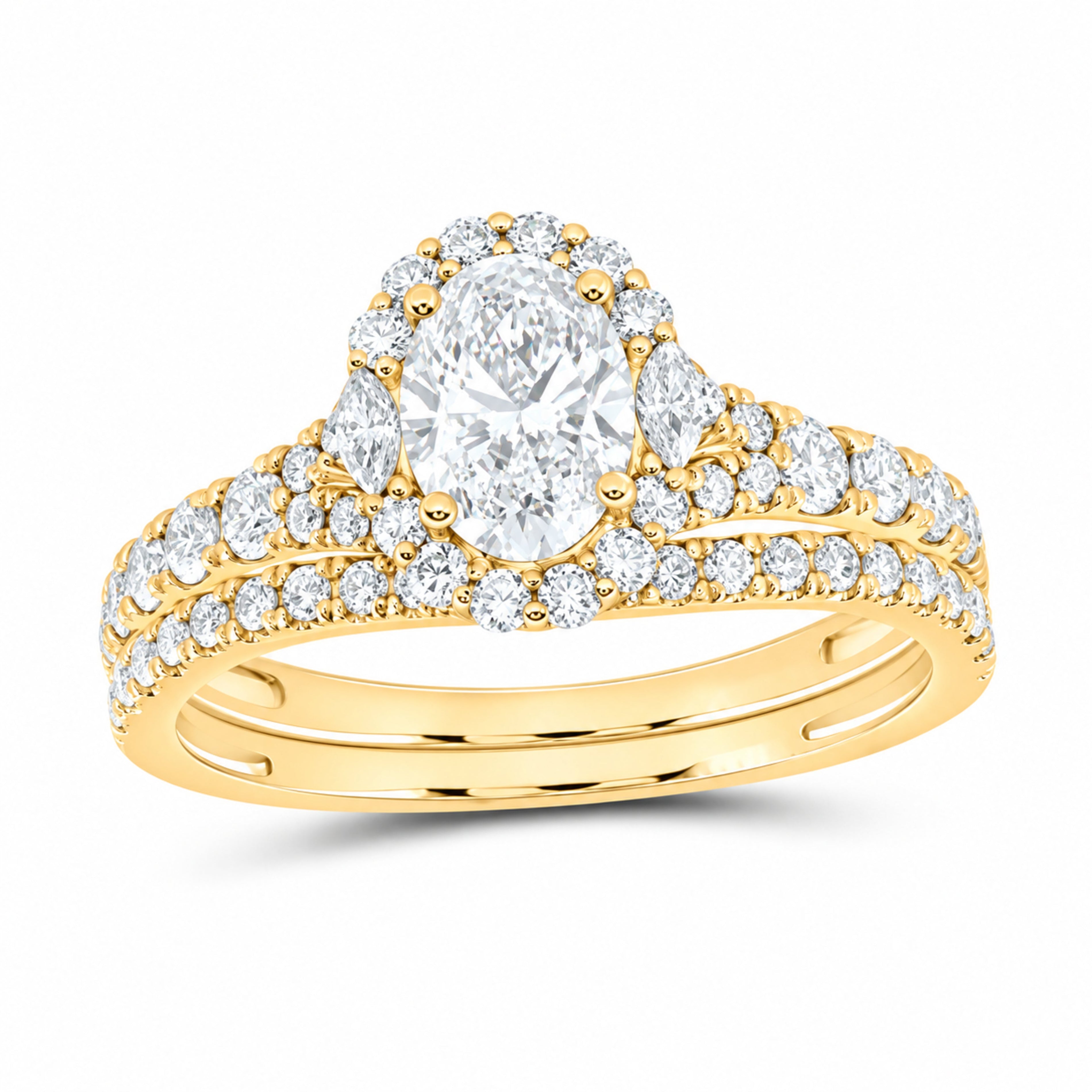 14K Yellow Gold 1 1/2 CTW Lab-Grown Diamond Oval Single Halo Bridal Ring Set — SKU 11690