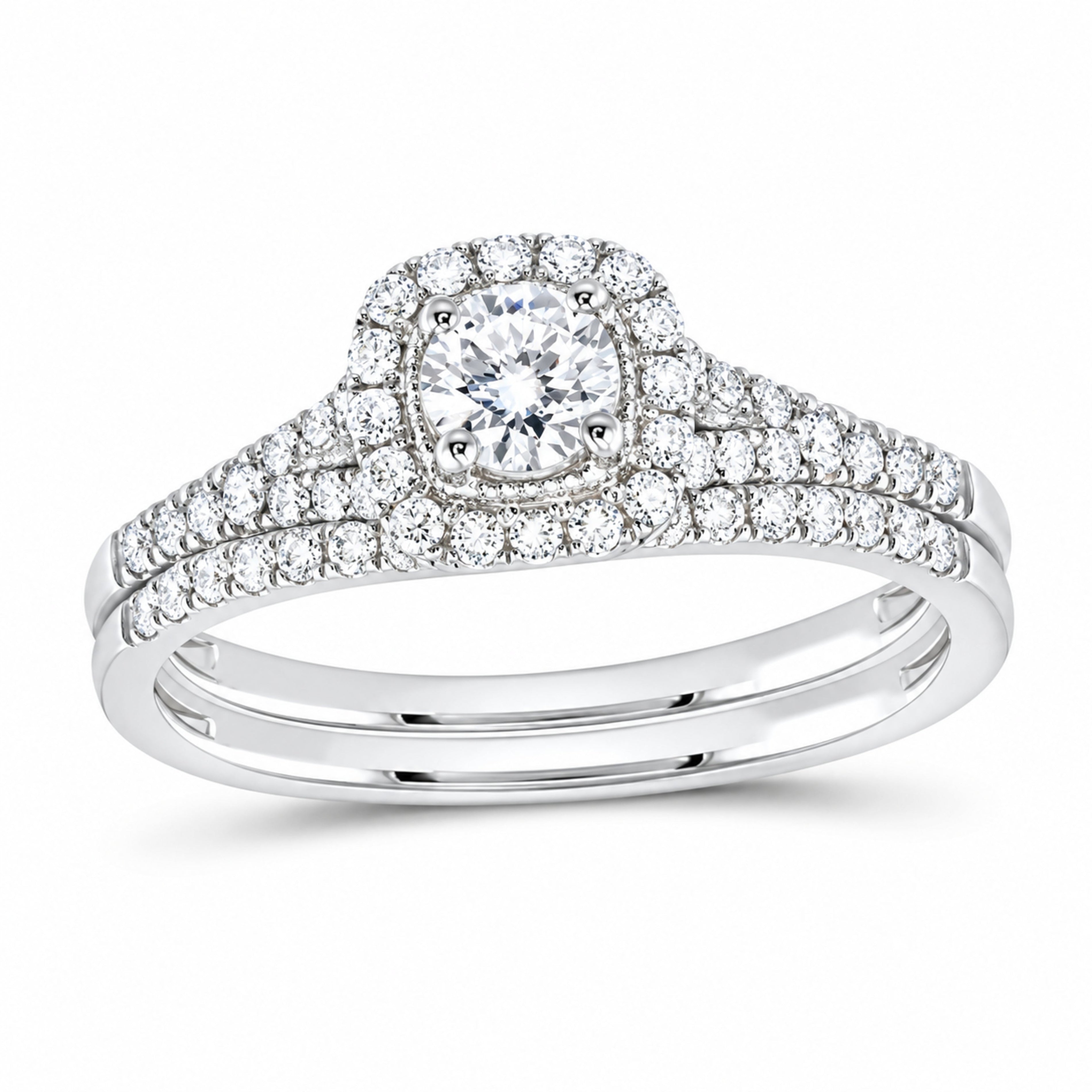 14K White Gold 1/2 CTW Lab-Grown Diamond Round Cushion Halo Bridal Ring Set — SKU 11692