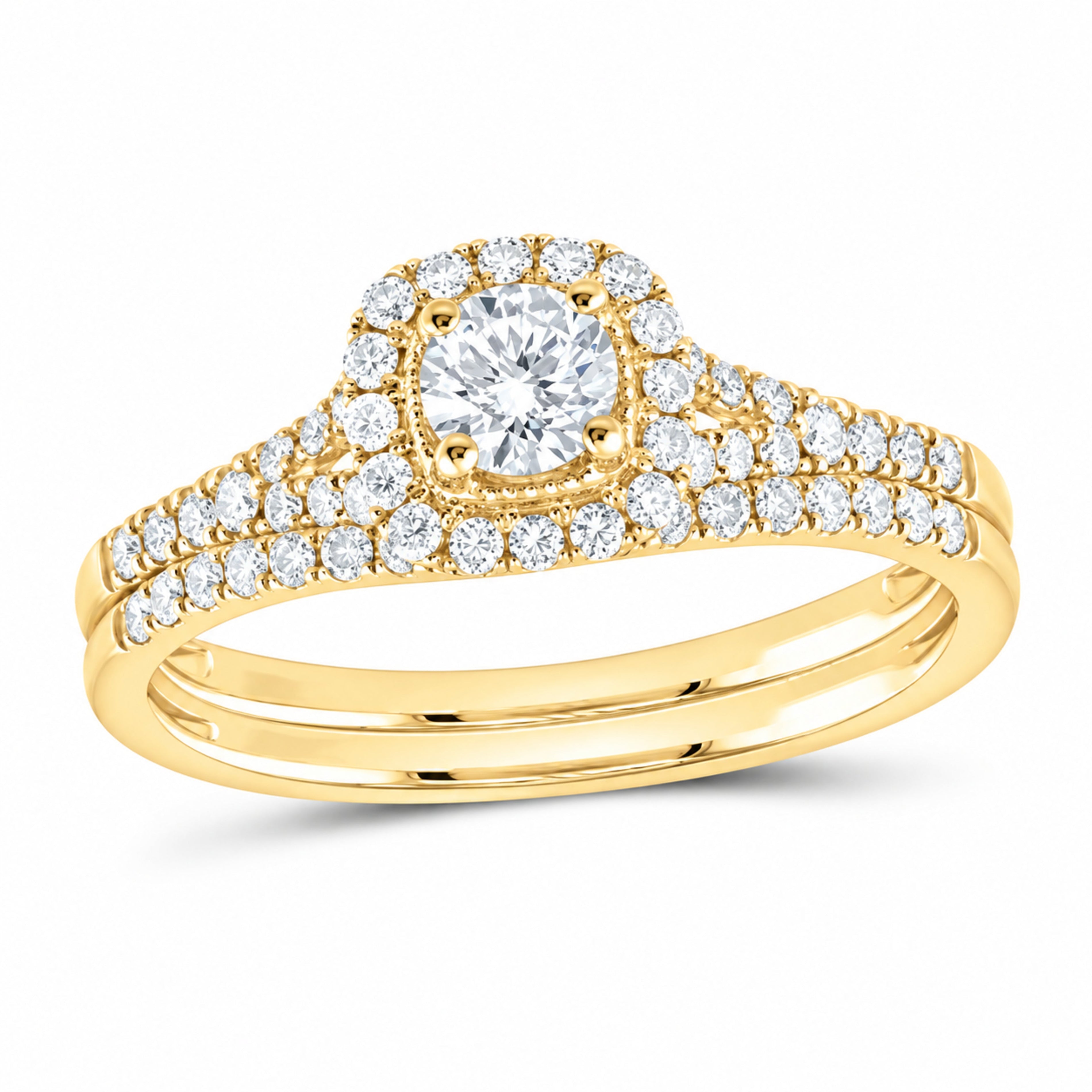 14K Yellow Gold 1/2 CTW Lab-Grown Diamond Round Cushion Halo Bridal Ring Set — SKU 11694