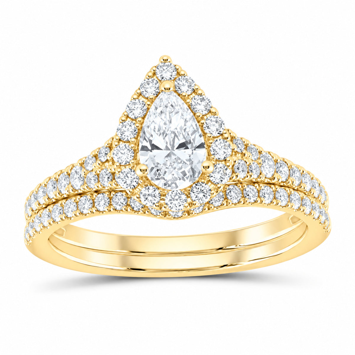 14K Yellow Gold 1 CTW Lab-Grown Diamond Pear Single Halo Bridal Ring Set — SKU 11693