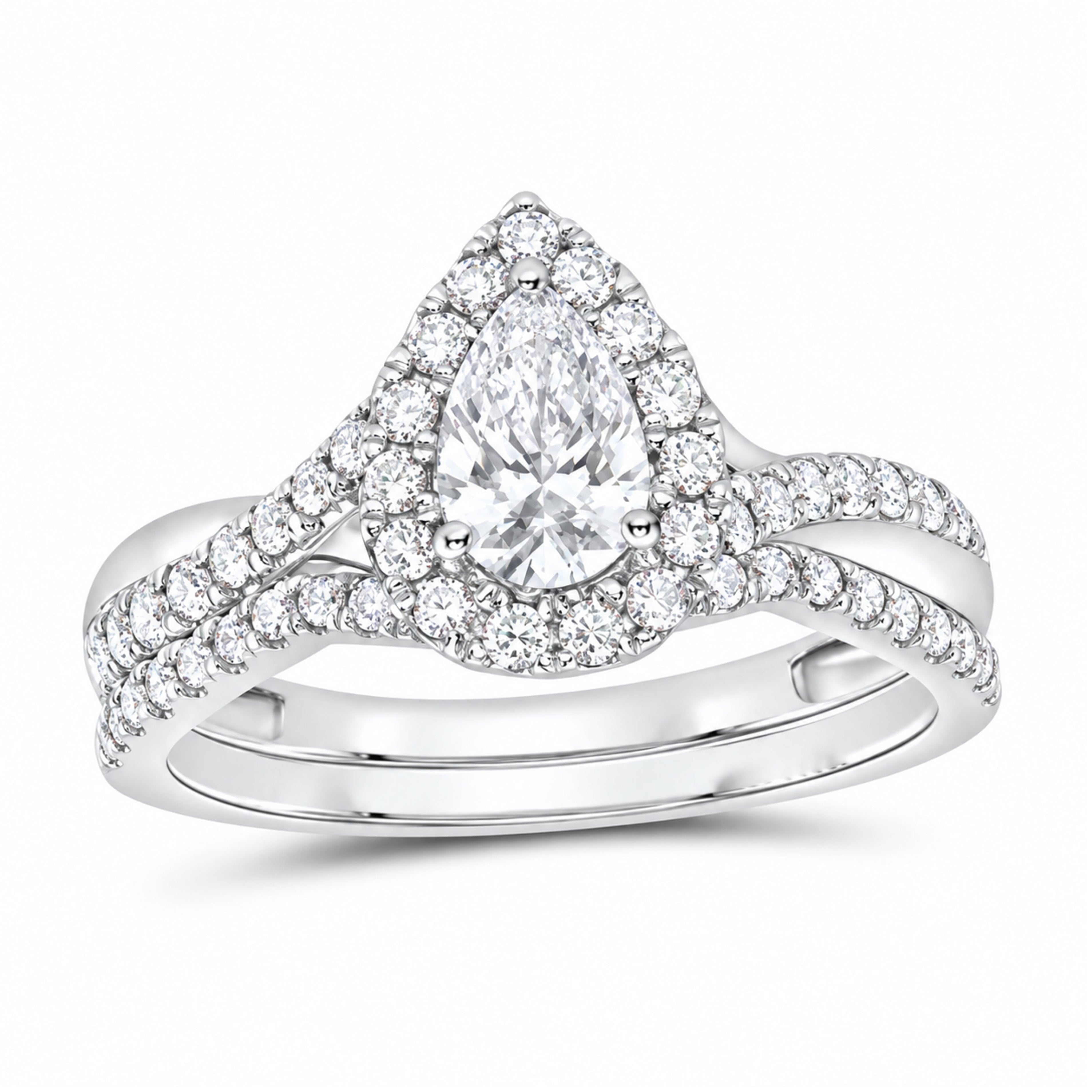 14K White Gold 1 CTW Lab-Grown Diamond Pear Single Halo Bridal Ring Set — SKU 11695