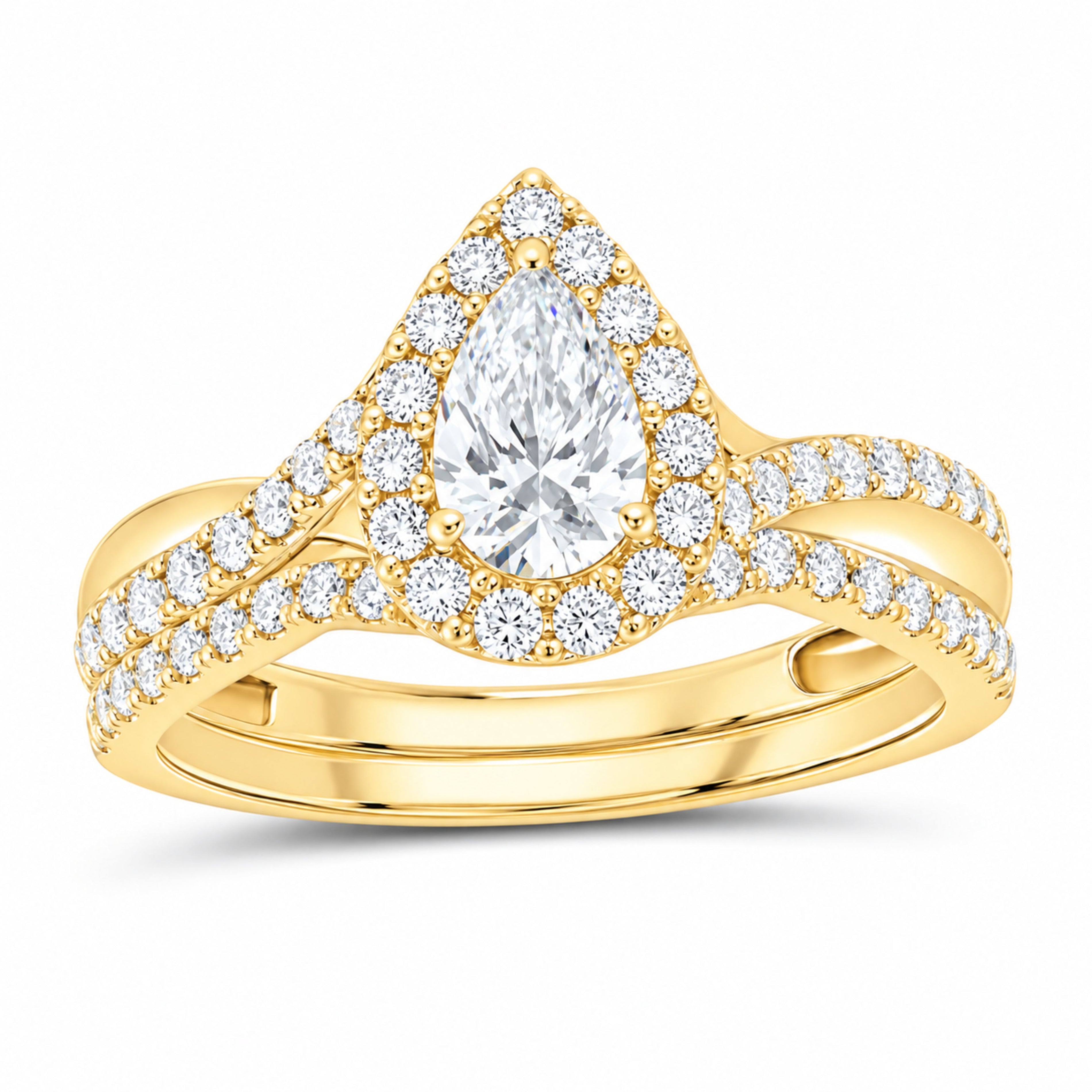 14K Yellow Gold 1 CTW Lab-Grown Diamond Pear Single Halo Bridal Ring Set — SKU 11700