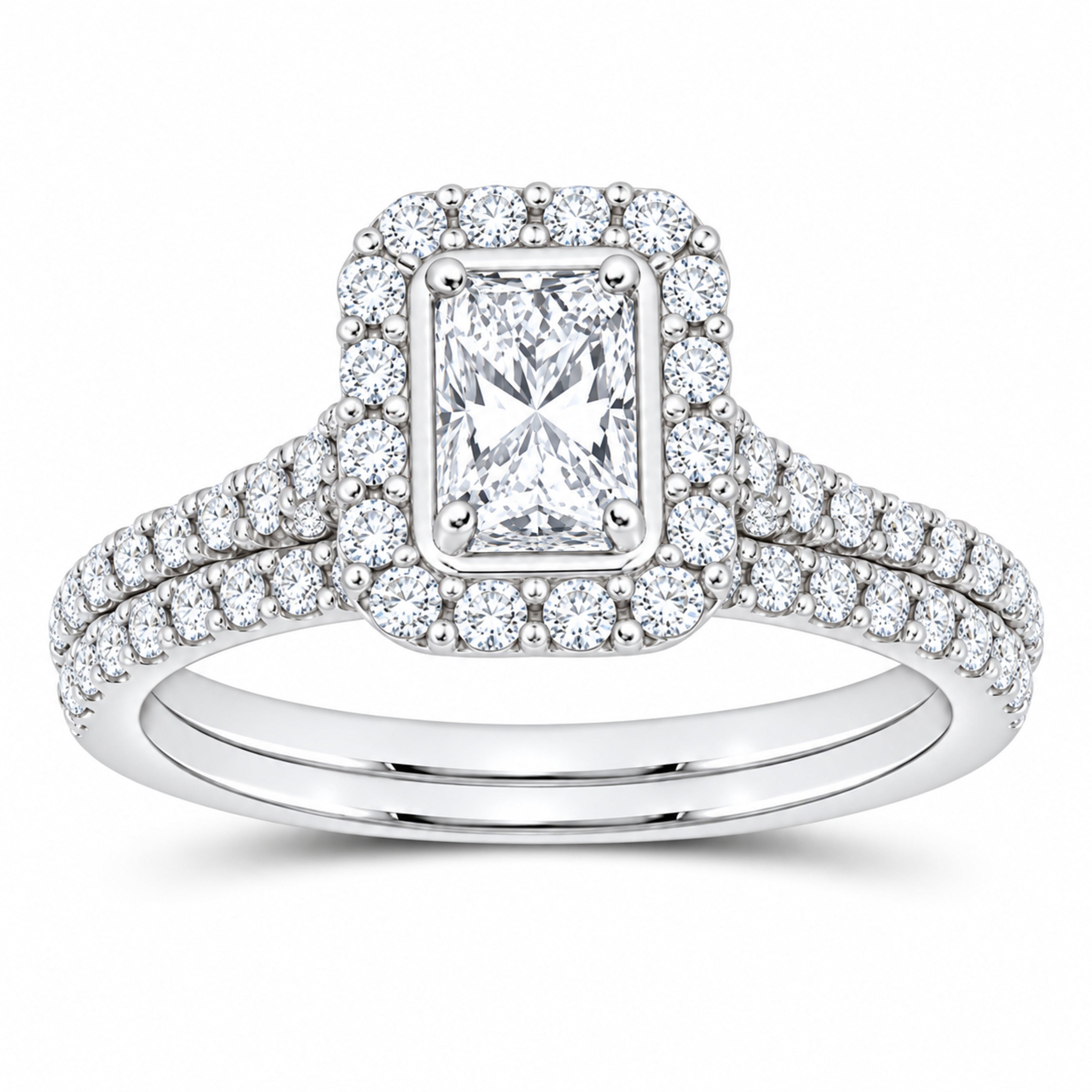 14K White Gold 1 CTW Lab-Grown Diamond Radiant Single Halo Bridal Ring Set — SKU 11703