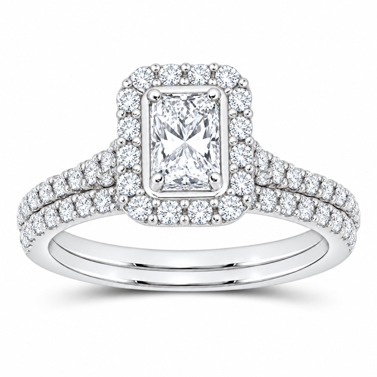 14K White Gold 1 CTW Lab-Grown Diamond Radiant Single Halo Bridal Ring Set — SKU 11703