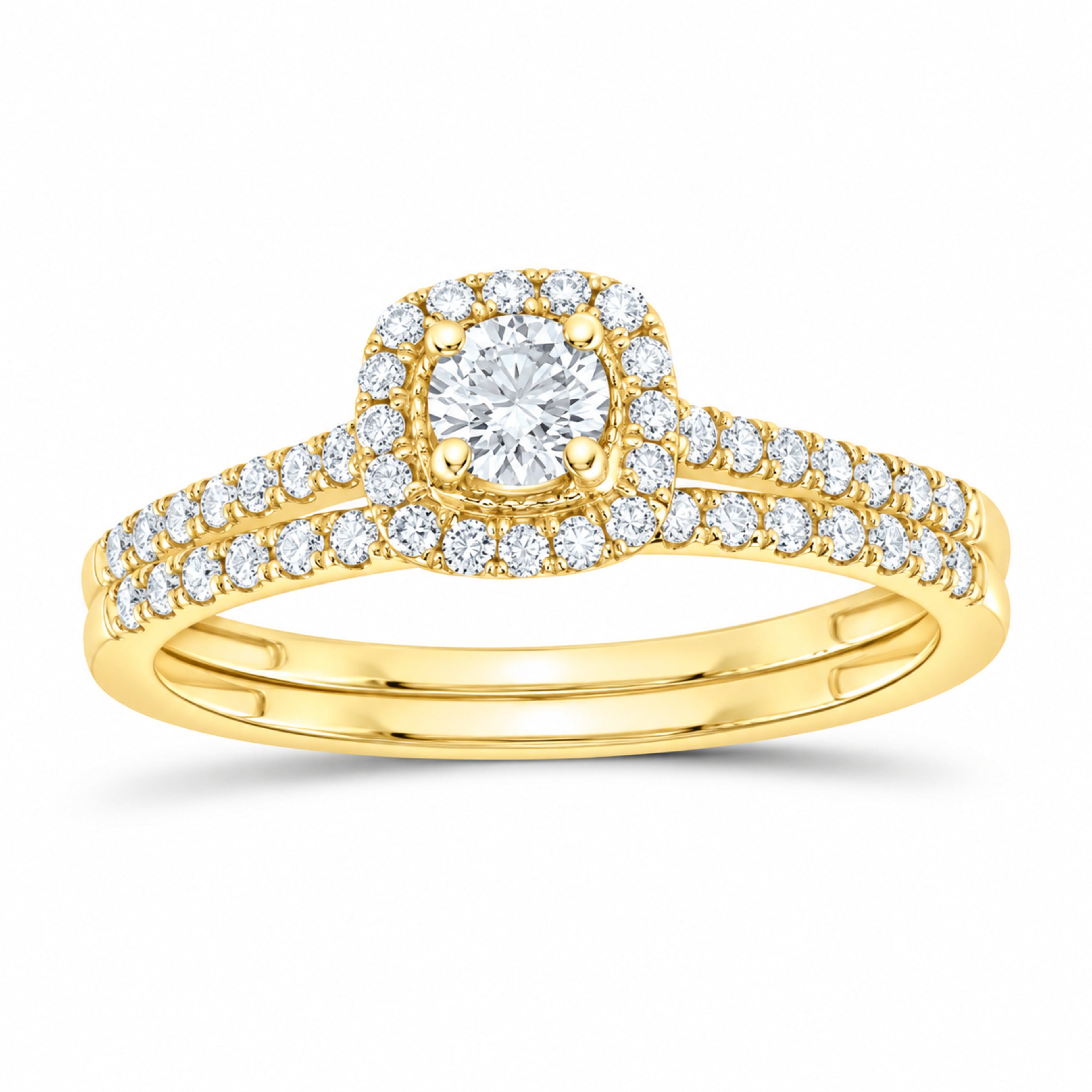 14K Yellow Gold 1/2 CTW Lab-Grown Diamond Round Cushion Halo Bridal Ring Set — SKU 11702