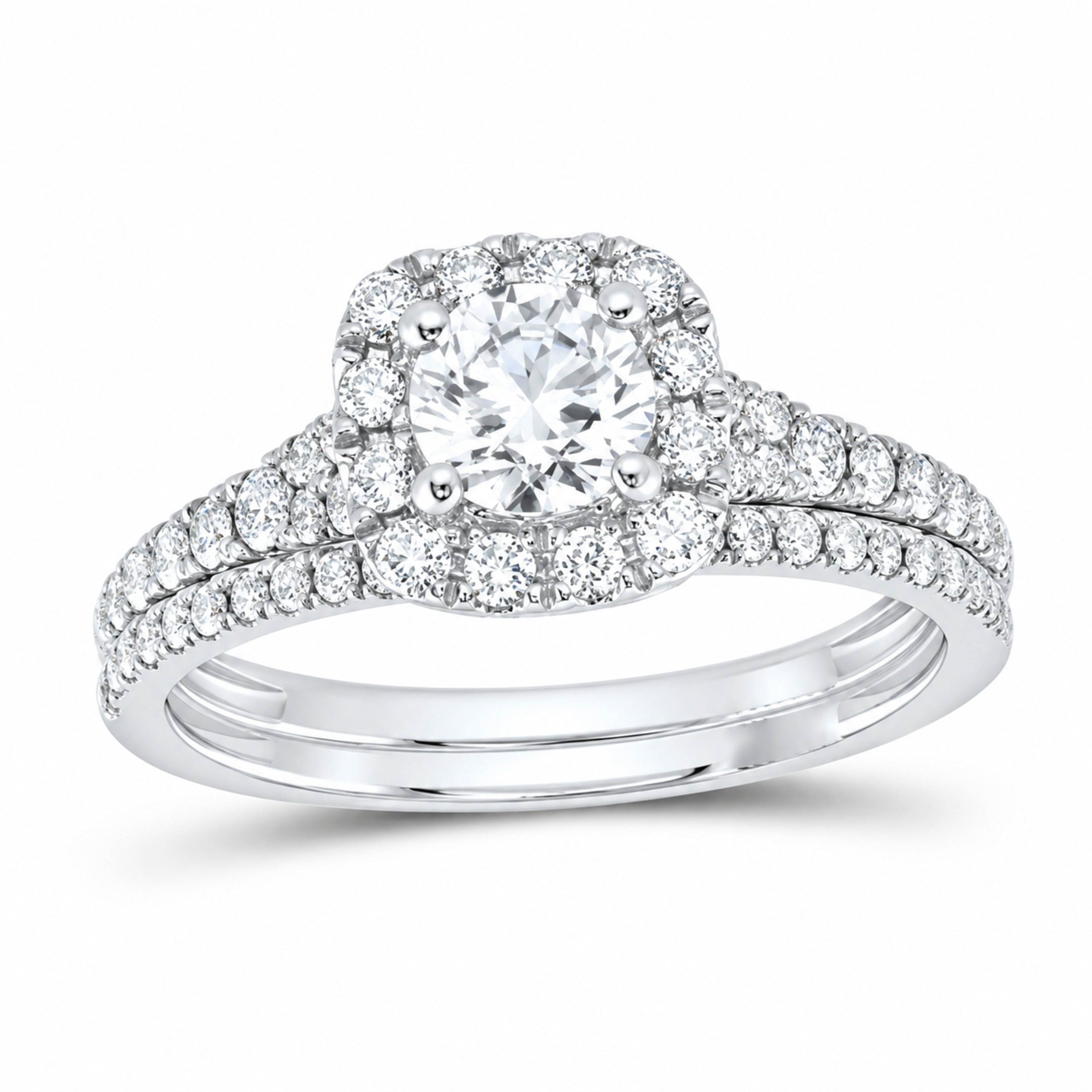 14K White Gold 1 CTW Lab-Grown Diamond Round Cushion Single Halo Bridal Ring Set — SKU 11705