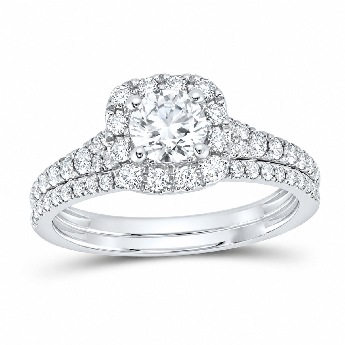 14K White Gold 1 CTW Lab-Grown Diamond Round Cushion Single Halo Bridal Ring Set — SKU 11705