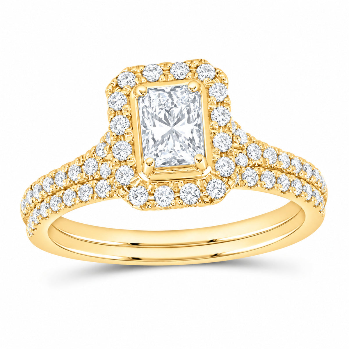 14K Yellow Gold 1 CTW Lab-Grown Diamond Radiant Single Halo Bridal Ring Set — SKU 11704