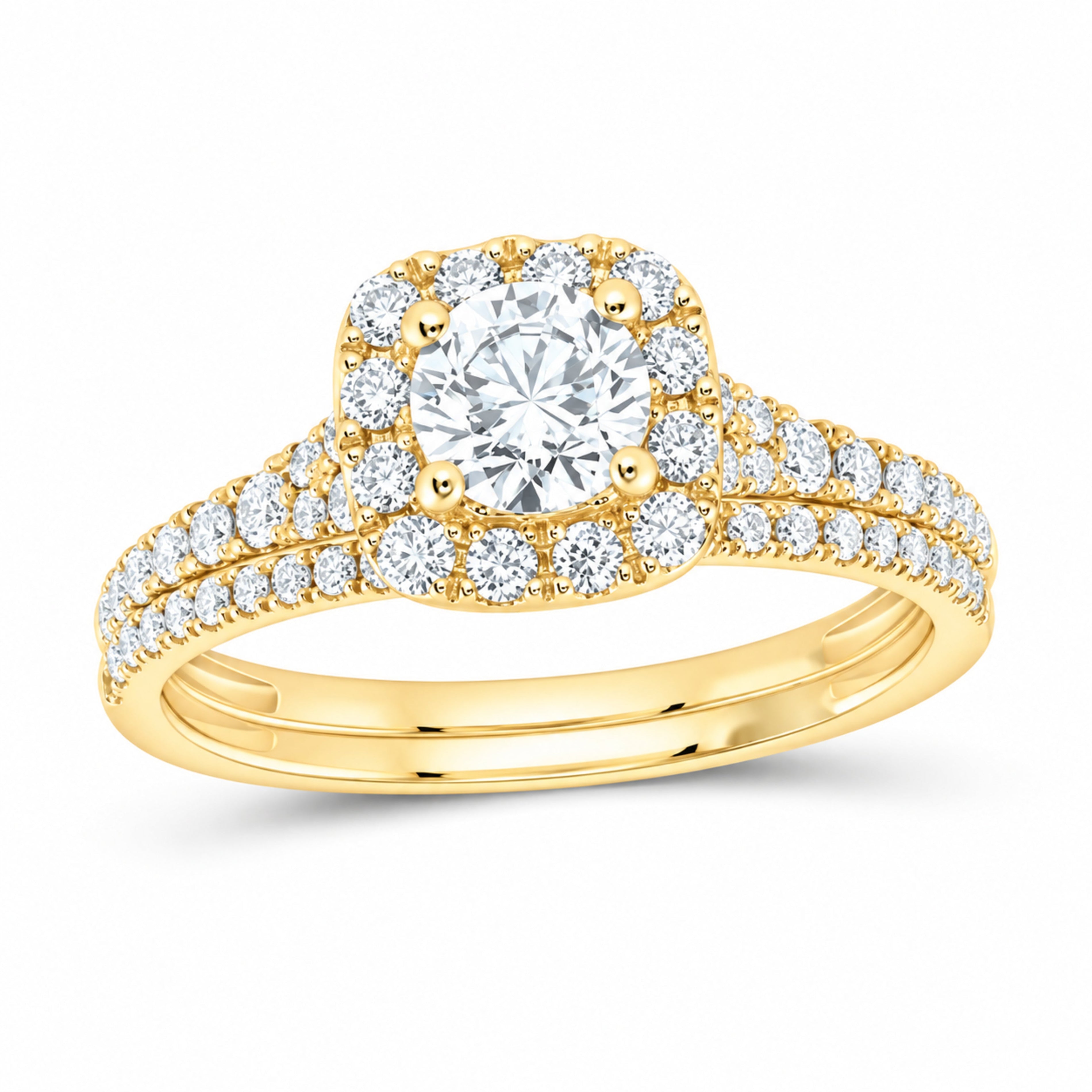 14K Yellow Gold 1 CTW Lab-Grown Diamond Round Cushion Single Halo Bridal Ring Set — SKU 11706