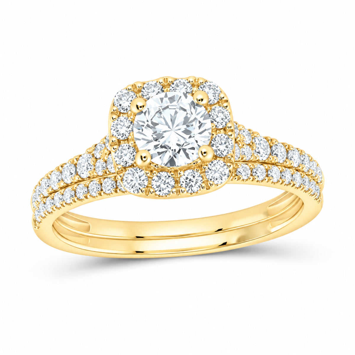 14K Yellow Gold 1 CTW Lab-Grown Diamond Round Cushion Single Halo Bridal Ring Set — SKU 11706