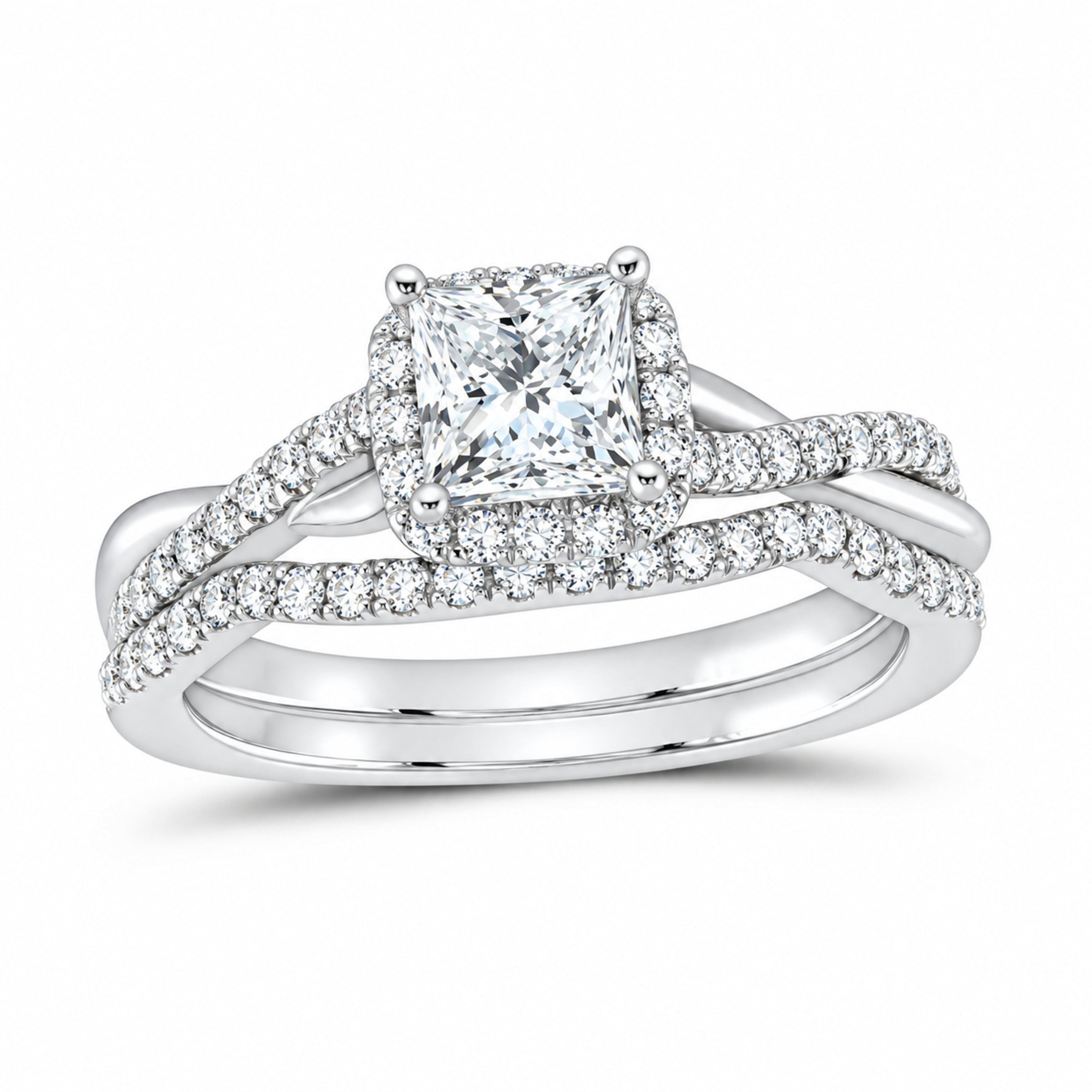 14K White Gold 1 CTW Lab-Grown Diamond Princess Single Halo Bridal Ring Set — SKU 11707