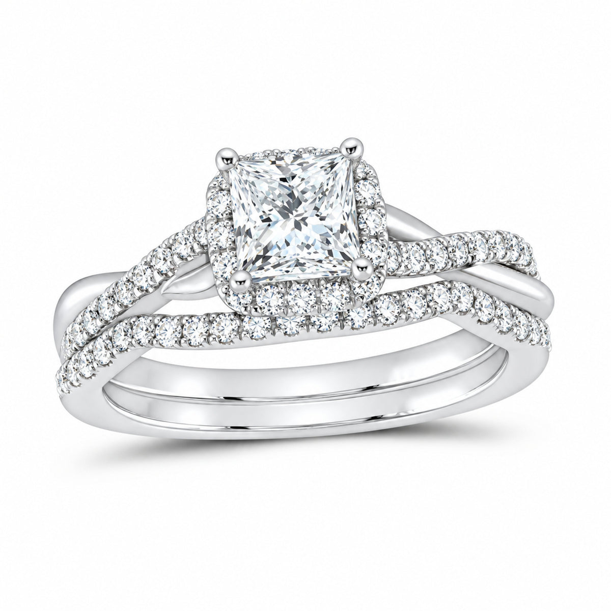 14K White Gold 1 CTW Lab-Grown Diamond Princess Single Halo Bridal Ring Set — SKU 11707