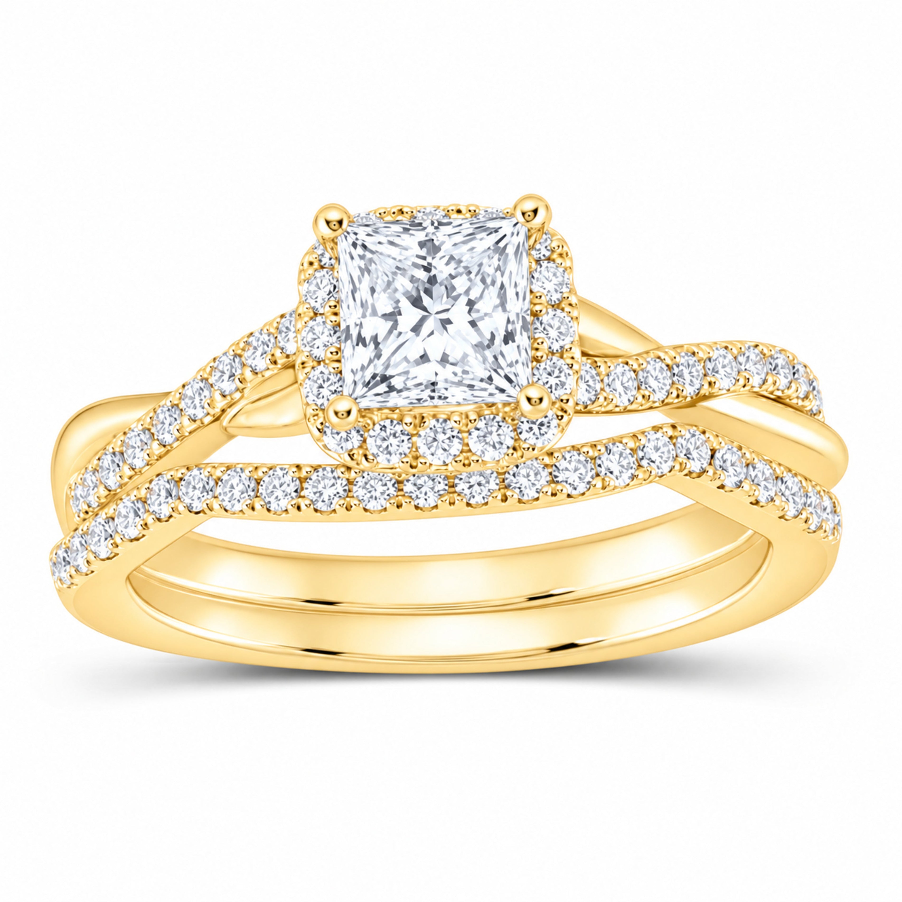 14K Yellow Gold 1 CTW Lab-Grown Diamond Princess Single Halo Bridal Ring Set — SKU 11708