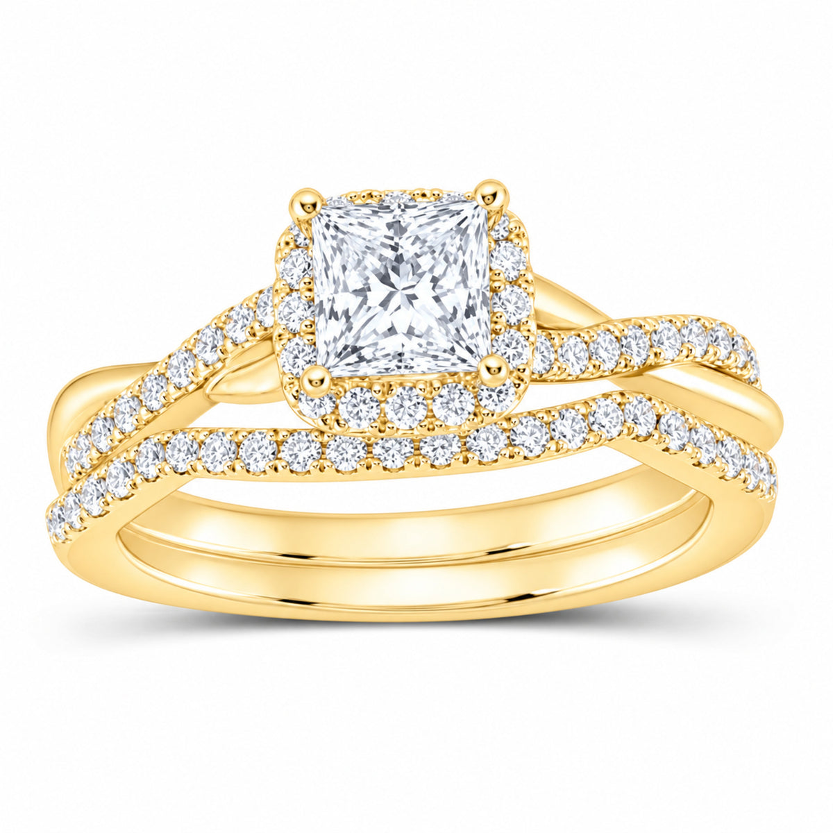 14K Yellow Gold 1 CTW Lab-Grown Diamond Princess Single Halo Bridal Ring Set — SKU 11708