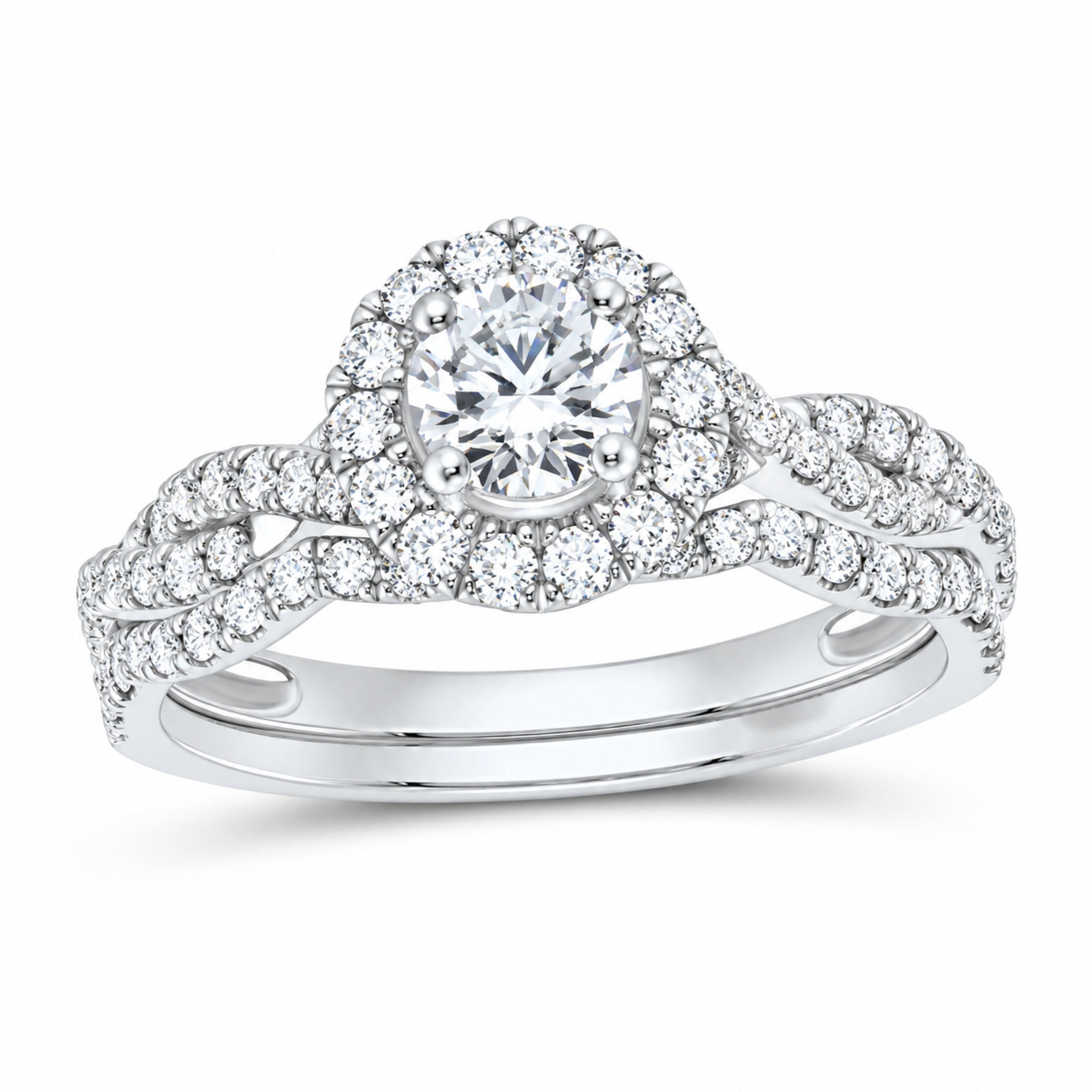 14K White Gold 1 CTW Lab-Grown Diamond Round Single Halo Bridal Ring Set — SKU 11713