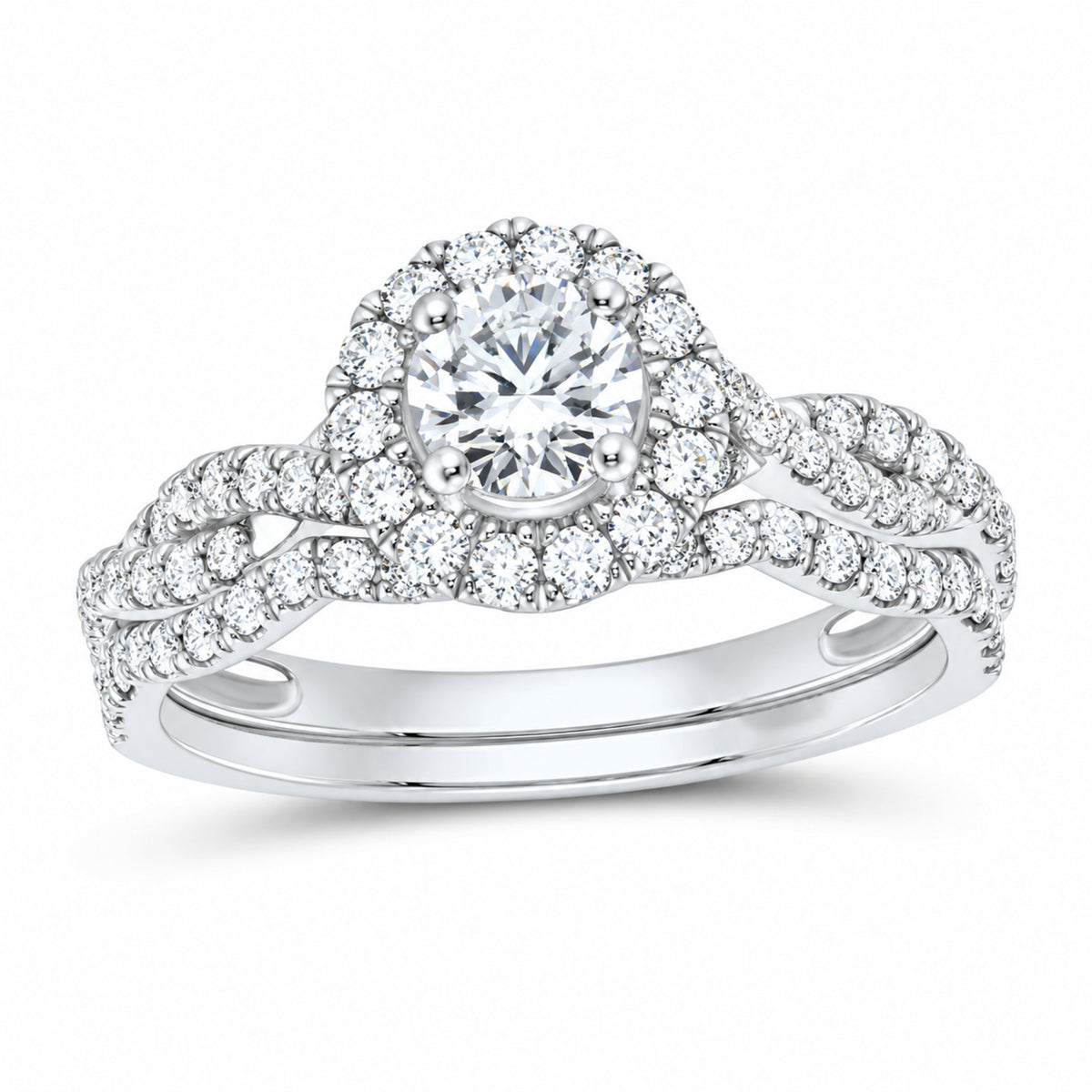 14K White Gold 1 CTW Lab-Grown Diamond Round Single Halo Bridal Ring Set — SKU 11713