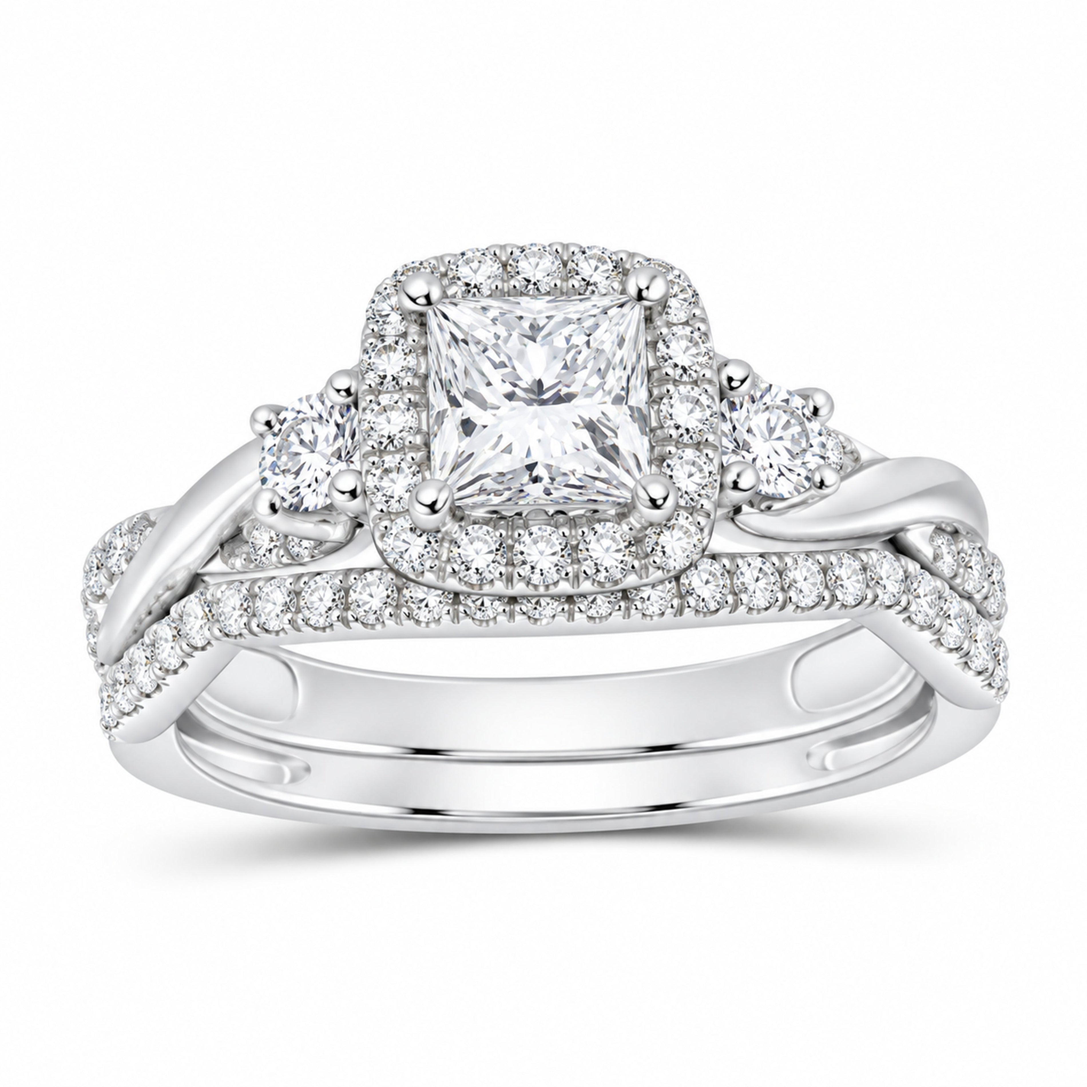 14K White Gold 1 1/4 CTW Lab-Grown Diamond Princess Cushion Halo Bridal Ring Set — SKU 11715