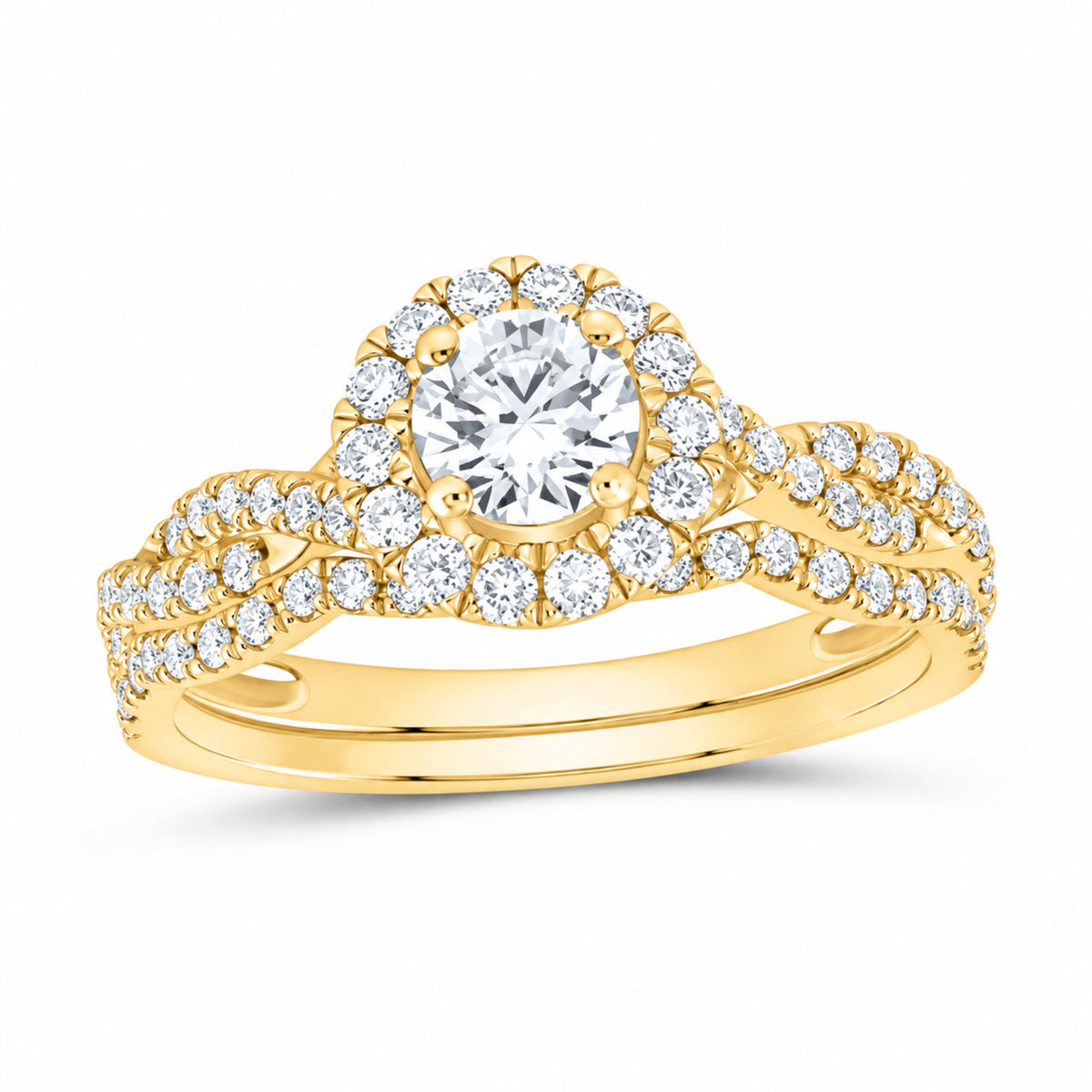 14K Yellow Gold 1 CTW Lab-Grown Diamond Round Single Halo Bridal Ring Set — SKU 11714