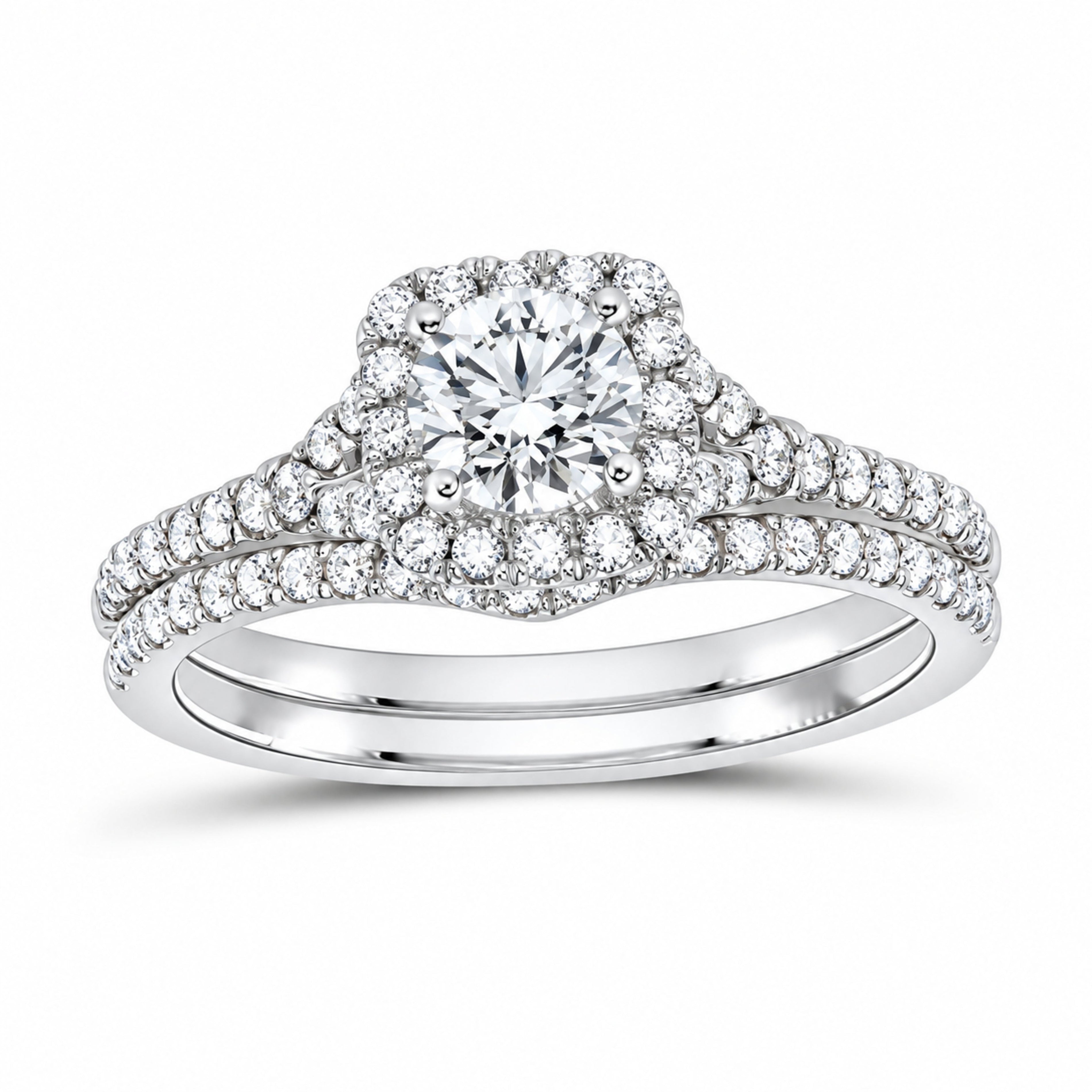 14K White Gold 1 CTW Lab-Grown Diamond Round Cushion Single Halo Bridal Ring Set — SKU 11716