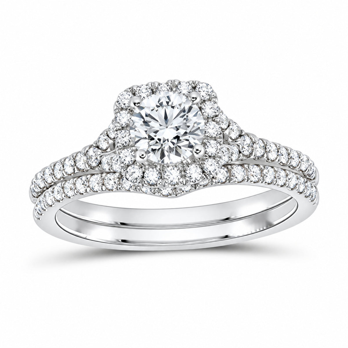 14K White Gold 1 CTW Lab-Grown Diamond Round Cushion Single Halo Bridal Ring Set — SKU 11716