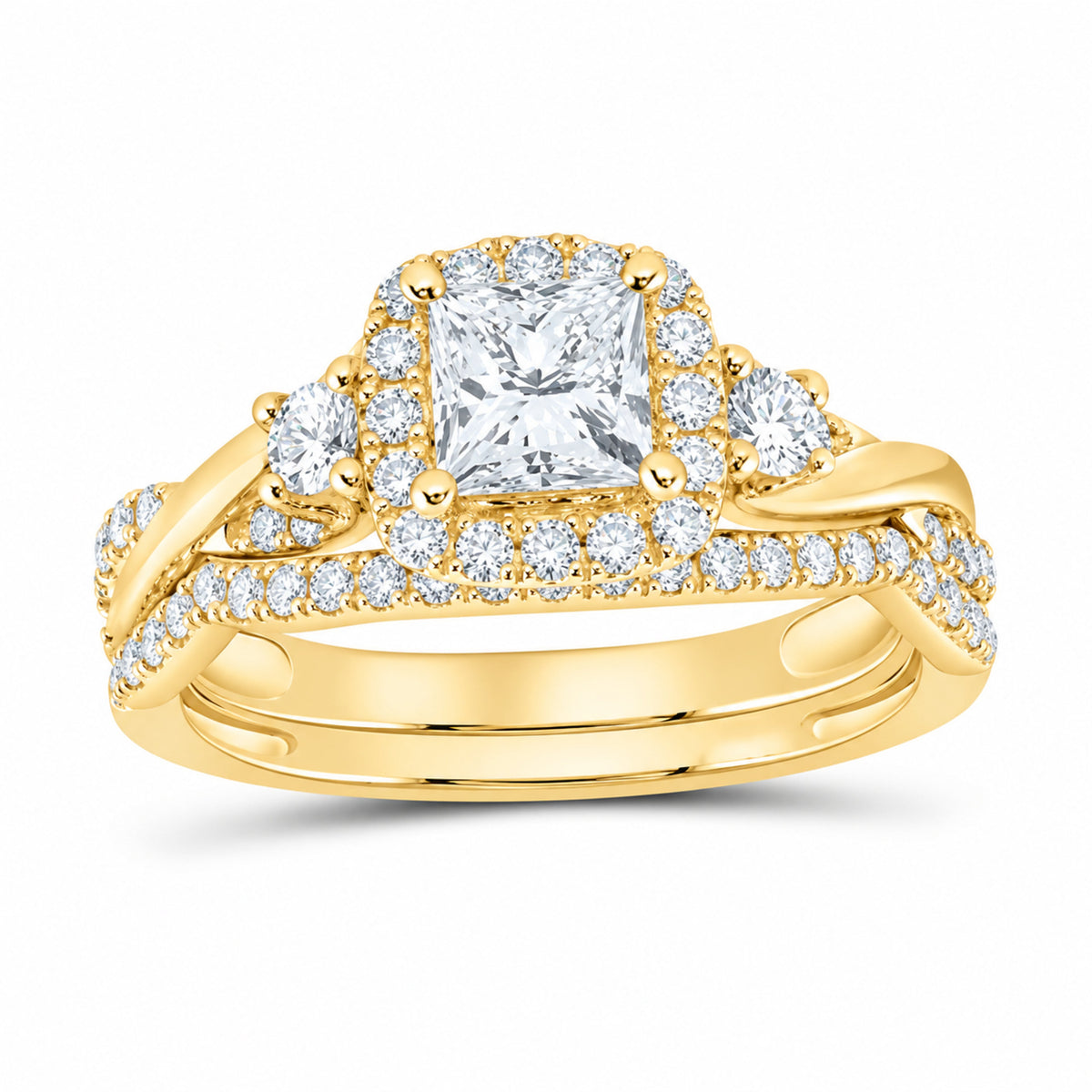 14K Yellow Gold 1 1/4 CTW Lab-Grown Diamond Princess Cushion Halo Bridal Ring Set — SKU 11717