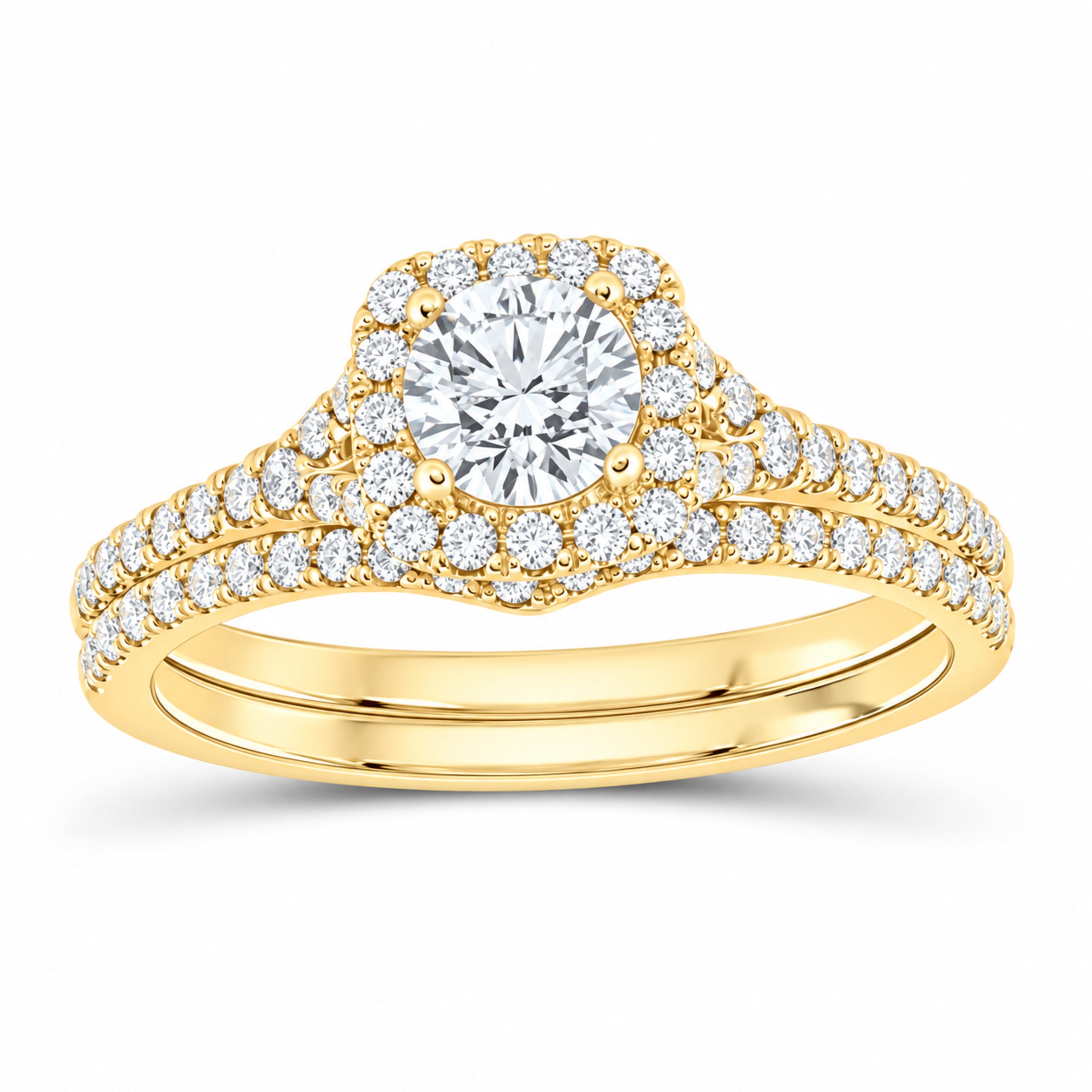 14K Yellow Gold 1 CTW Lab-Grown Diamond Round Cushion Single Halo Bridal Ring Set — SKU 11718
