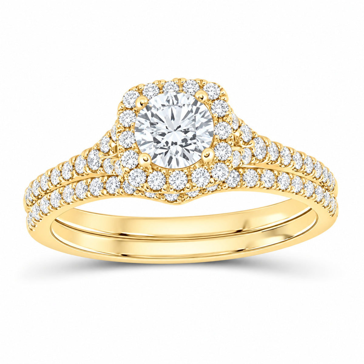 14K Yellow Gold 1 CTW Lab-Grown Diamond Round Cushion Single Halo Bridal Ring Set — SKU 11718