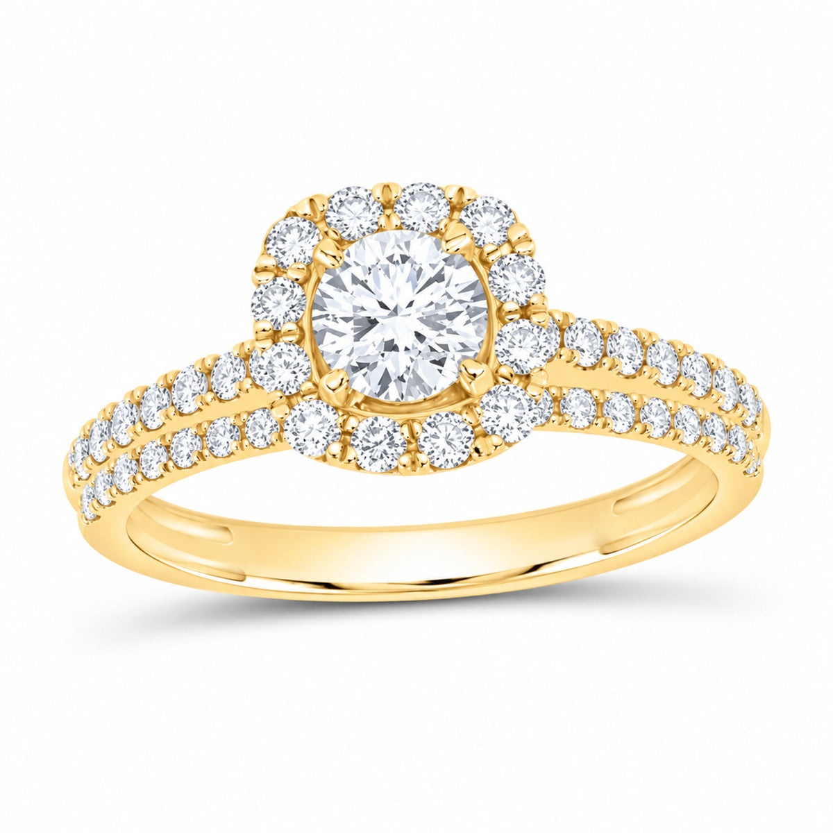 14K Yellow Gold 1 CTW Lab-Grown Diamond Round Cushion Single Halo Bridal Ring Set — SKU 11722