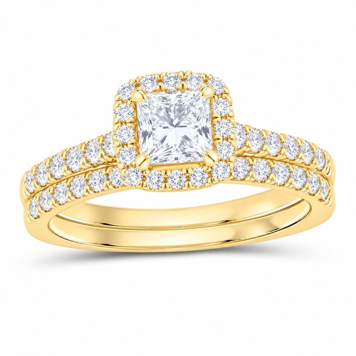 14K Yellow Gold 1 1/3 CTW Lab-Grown Diamond Princess Halo Bridal Ring Set — SKU 11721