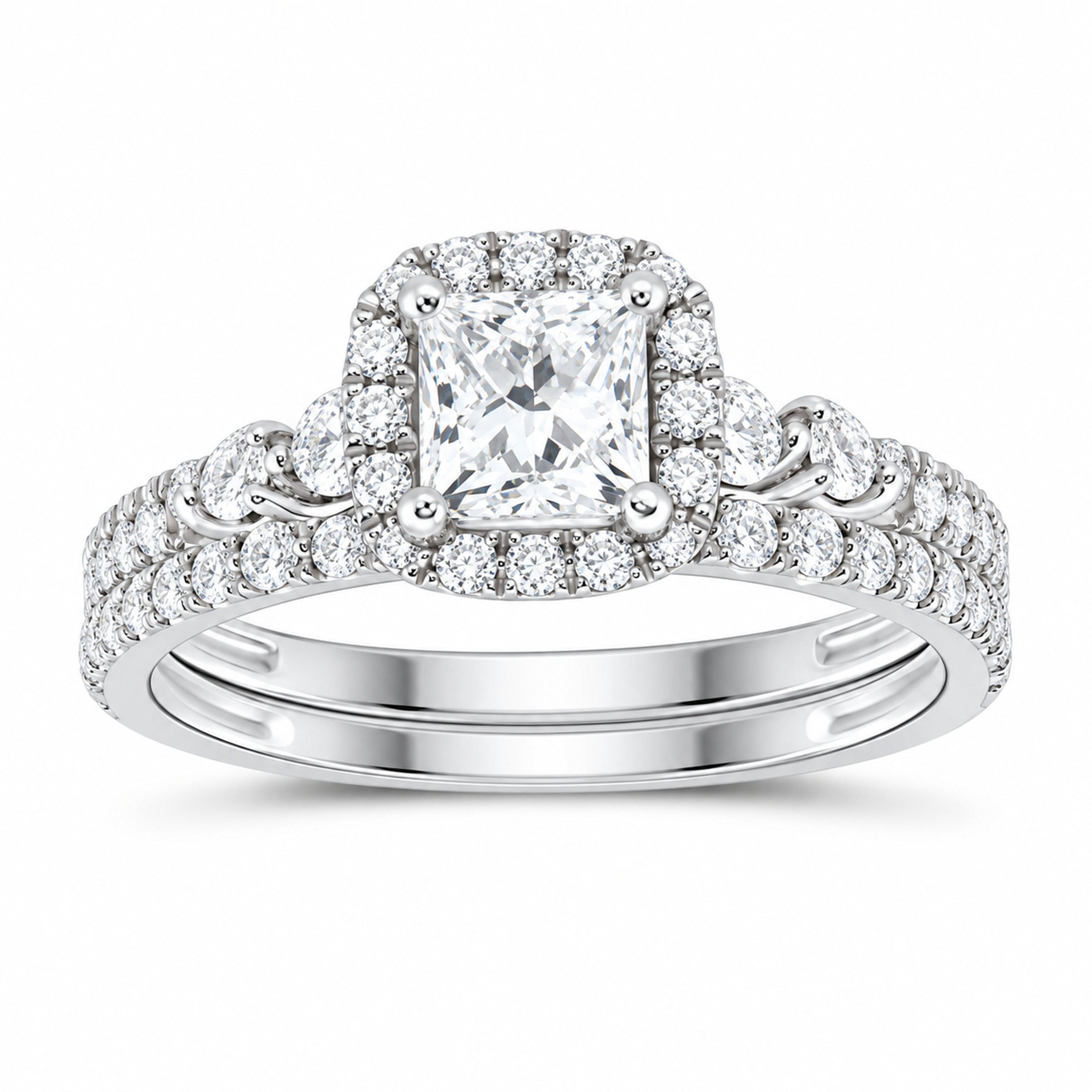 14K White Gold 1 1/3 CTW Lab-Grown Diamond Princess Halo Bridal Ring Set — SKU 11723