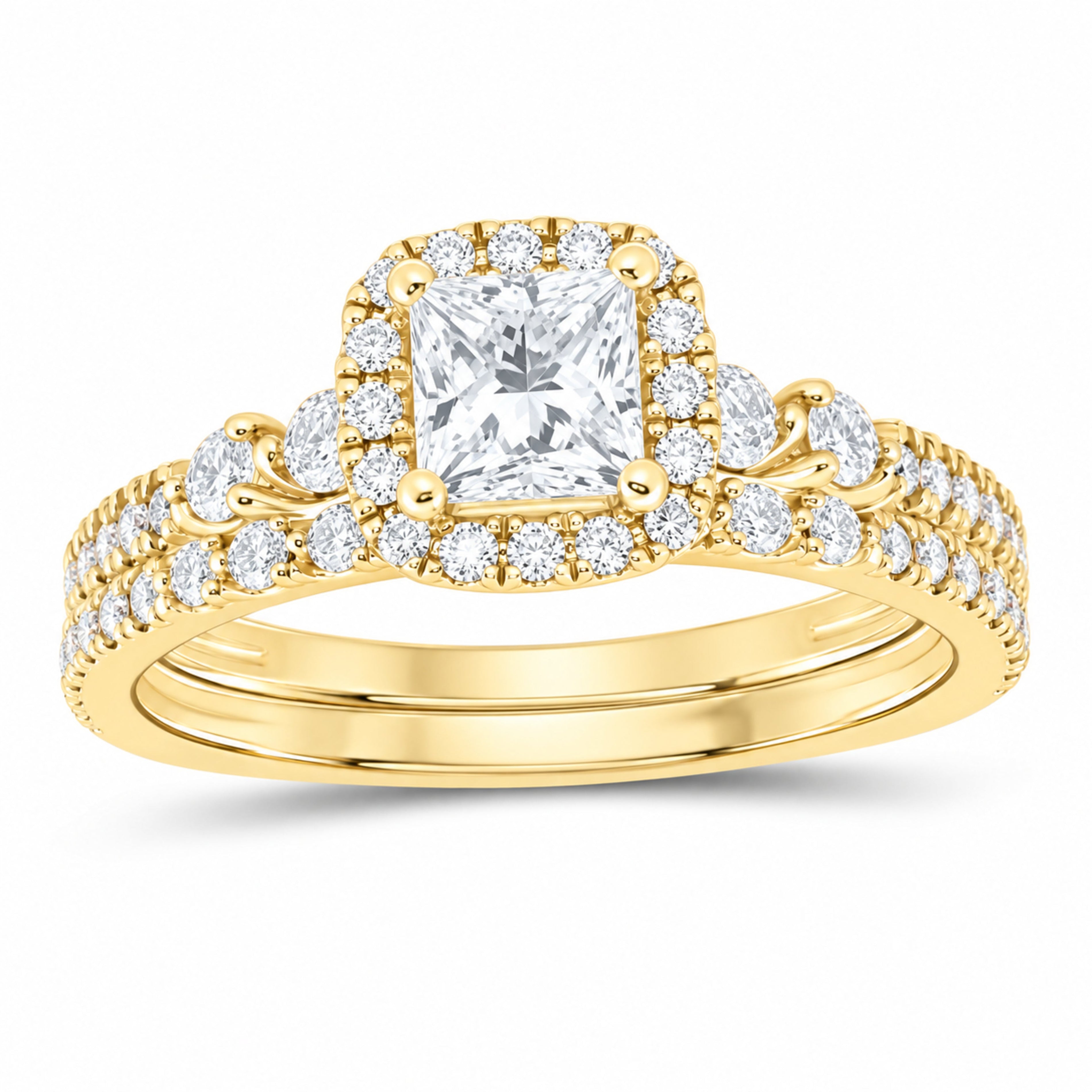 14K Yellow Gold 1 1/3 CTW Lab-Grown Diamond Princess Cushion Halo Bridal Ring Set — SKU 11724