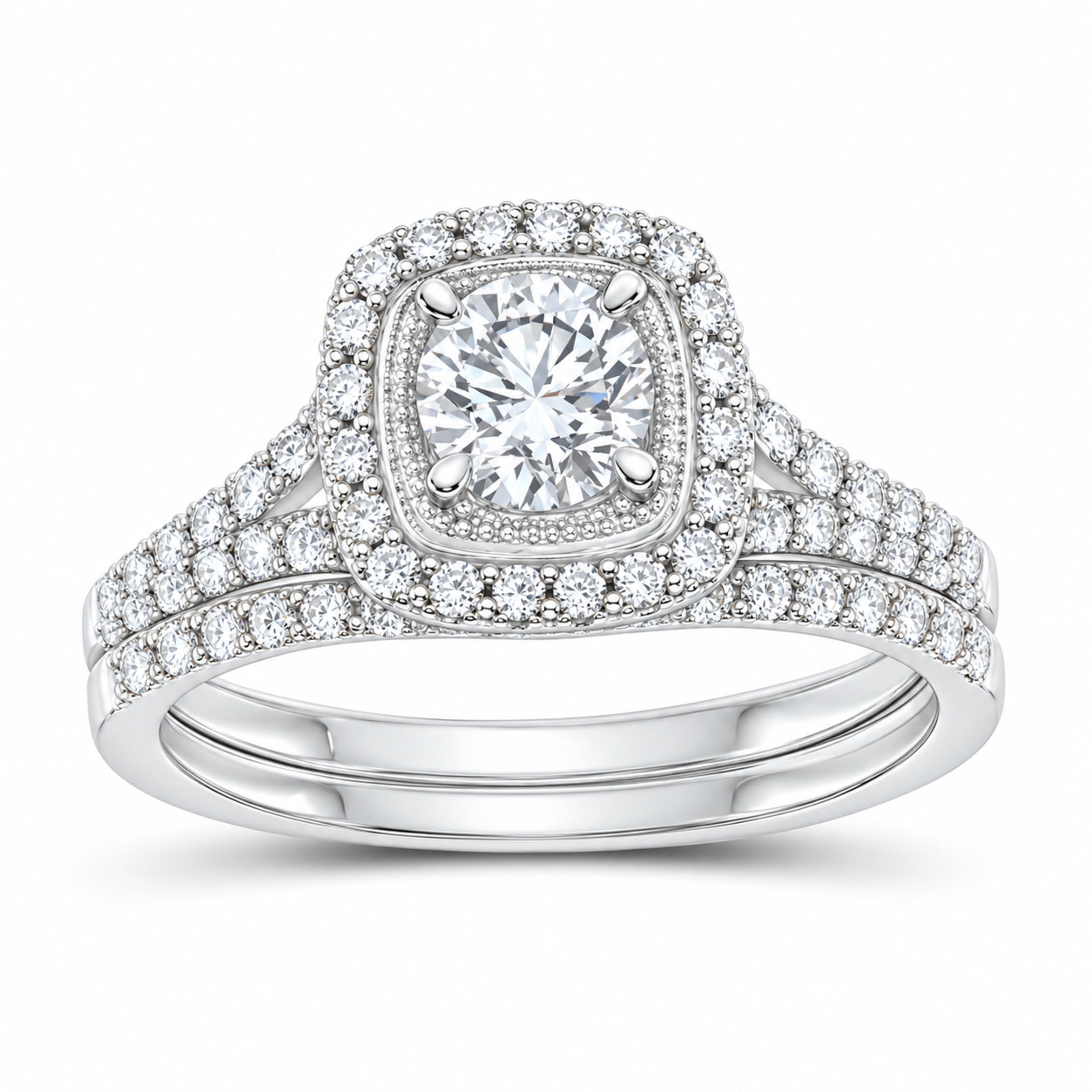 14K White Gold 1 CTW Lab-Grown Diamond Round Cushion Single Halo Bridal Ring Set — SKU 11725