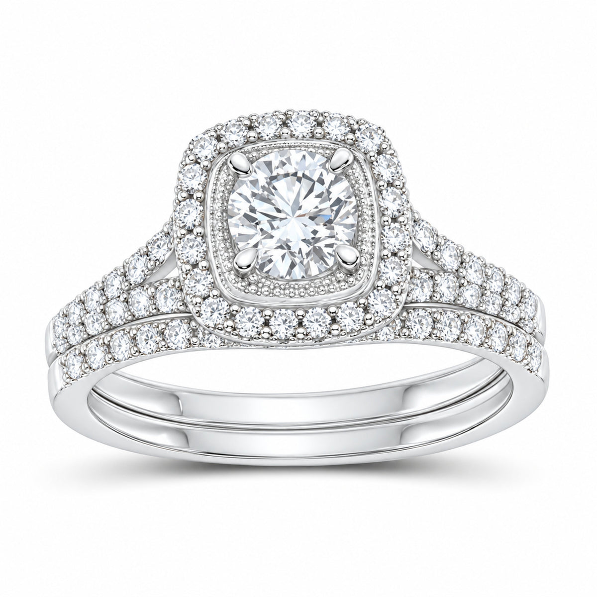 14K White Gold 1 CTW Lab-Grown Diamond Round Cushion Single Halo Bridal Ring Set — SKU 11725