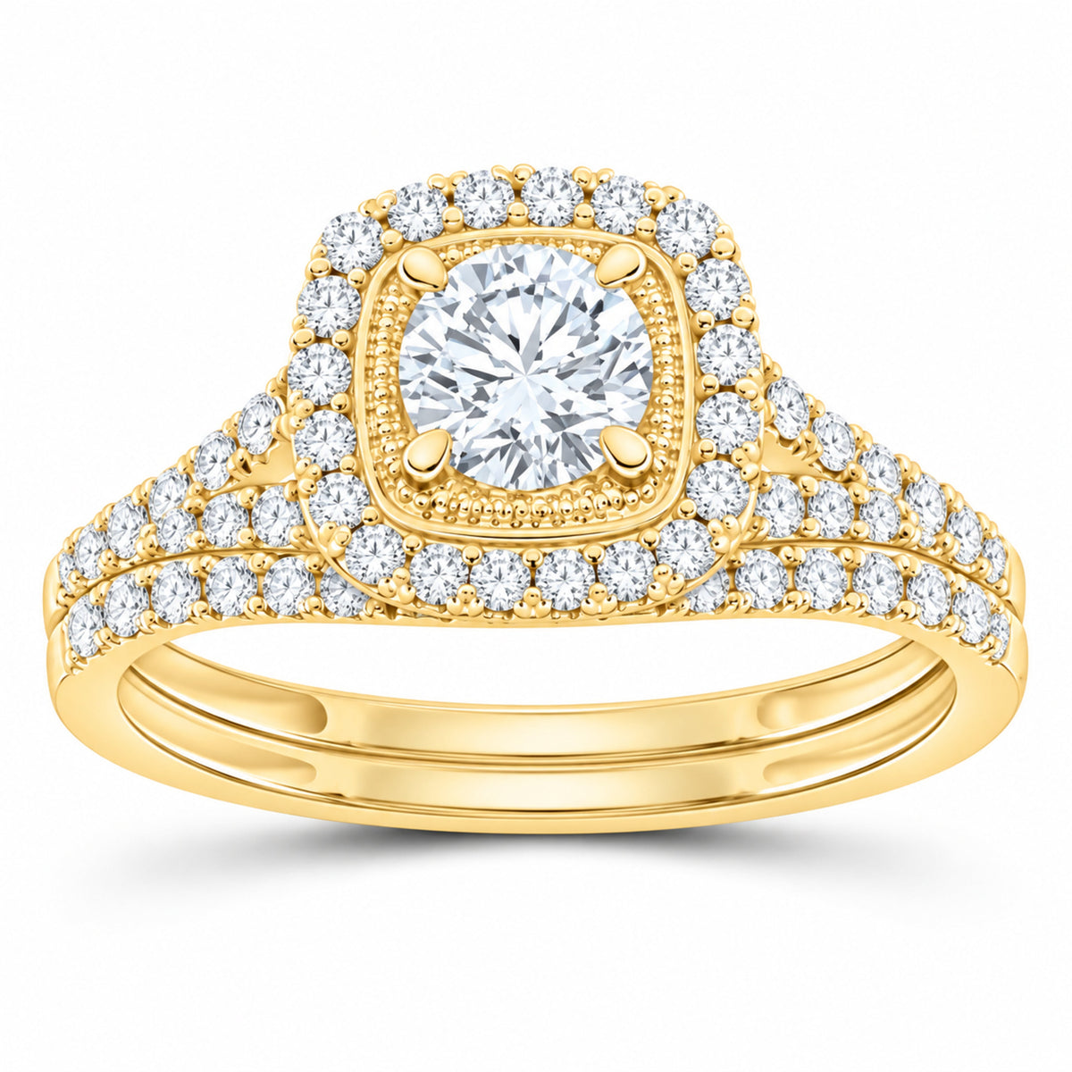 14K Yellow Gold 1 CTW Lab-Grown Diamond Round Cushion Single Halo Bridal Ring Set — SKU 11726