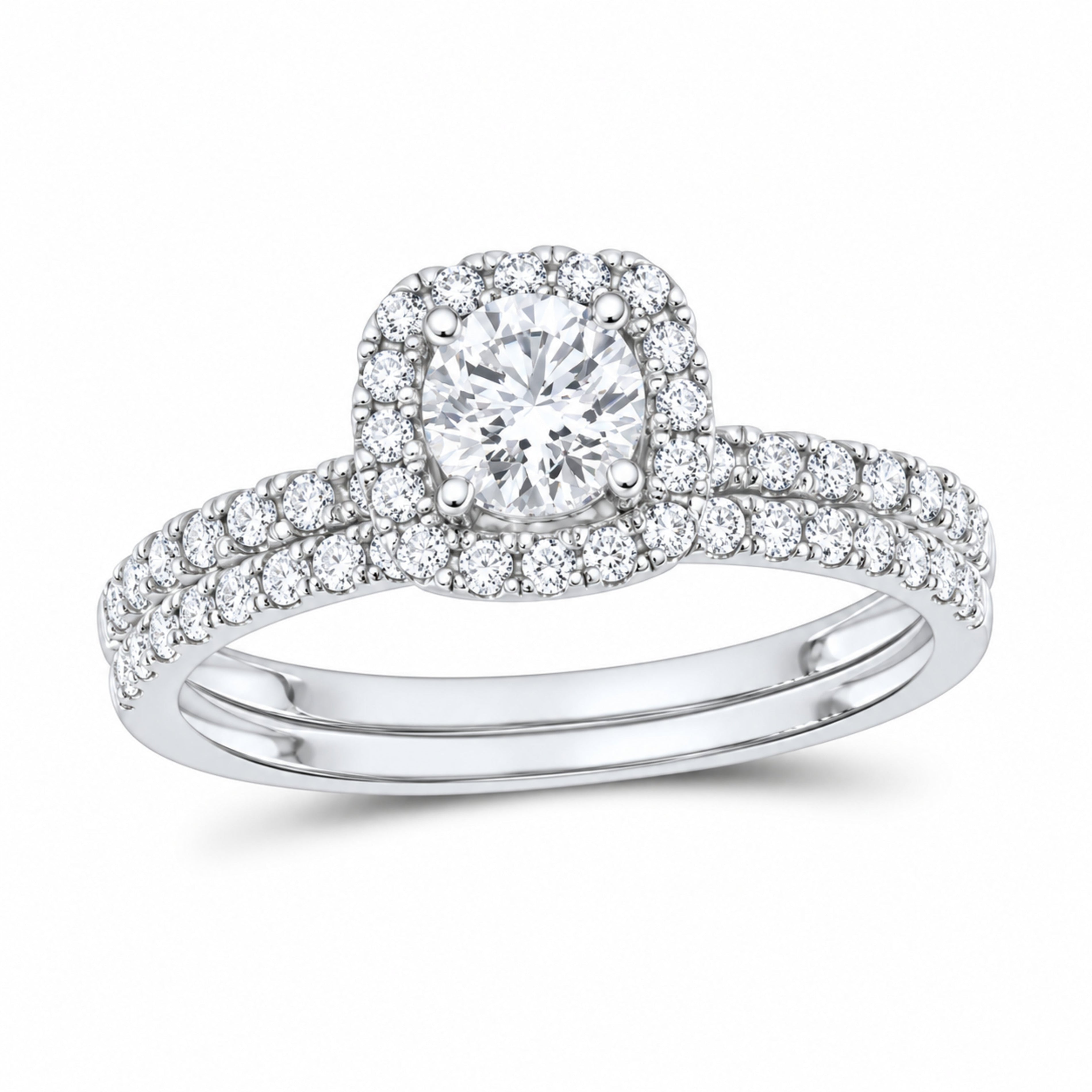 14K White Gold 1 CTW Lab-Grown Diamond Round Cushion Single Halo Bridal Ring Set — SKU 11728