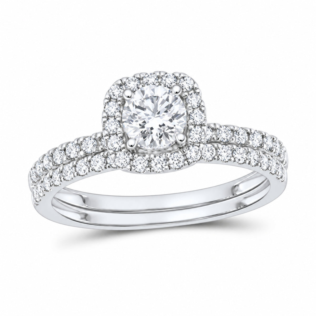 14K White Gold 1 CTW Lab-Grown Diamond Round Cushion Single Halo Bridal Ring Set — SKU 11728