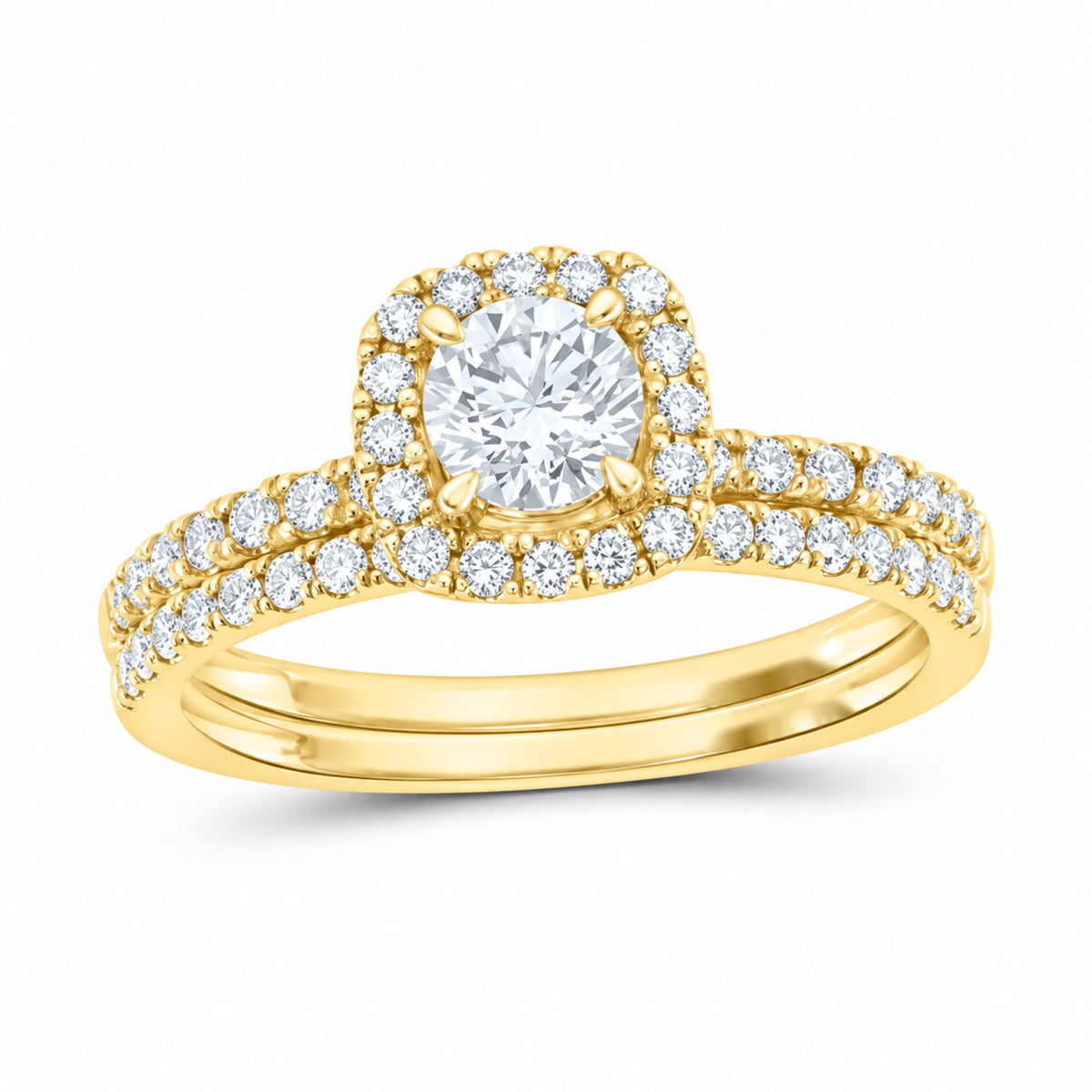 14K Yellow Gold 1 CTW Lab-Grown Diamond Round Cushion Single Halo Bridal Ring Set — SKU 11730