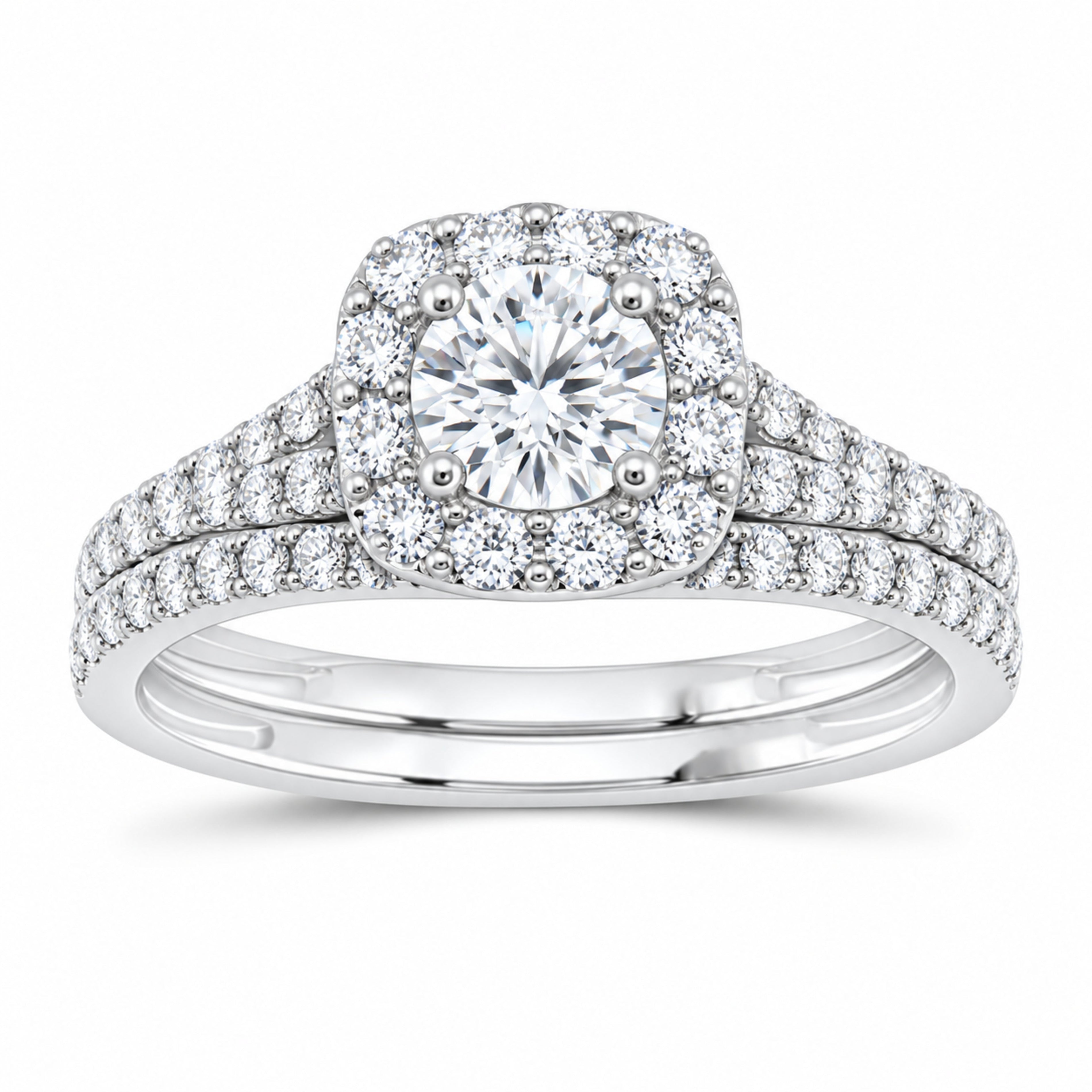 14K White Gold 1 CTW Lab-Grown Diamond Round Cushion Single Halo Bridal Ring Set — SKU 11734