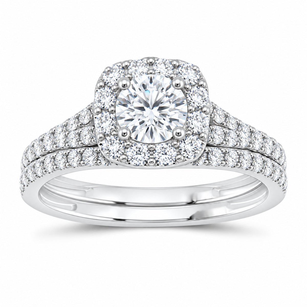 14K White Gold 1 CTW Lab-Grown Diamond Round Cushion Single Halo Bridal Ring Set — SKU 11734