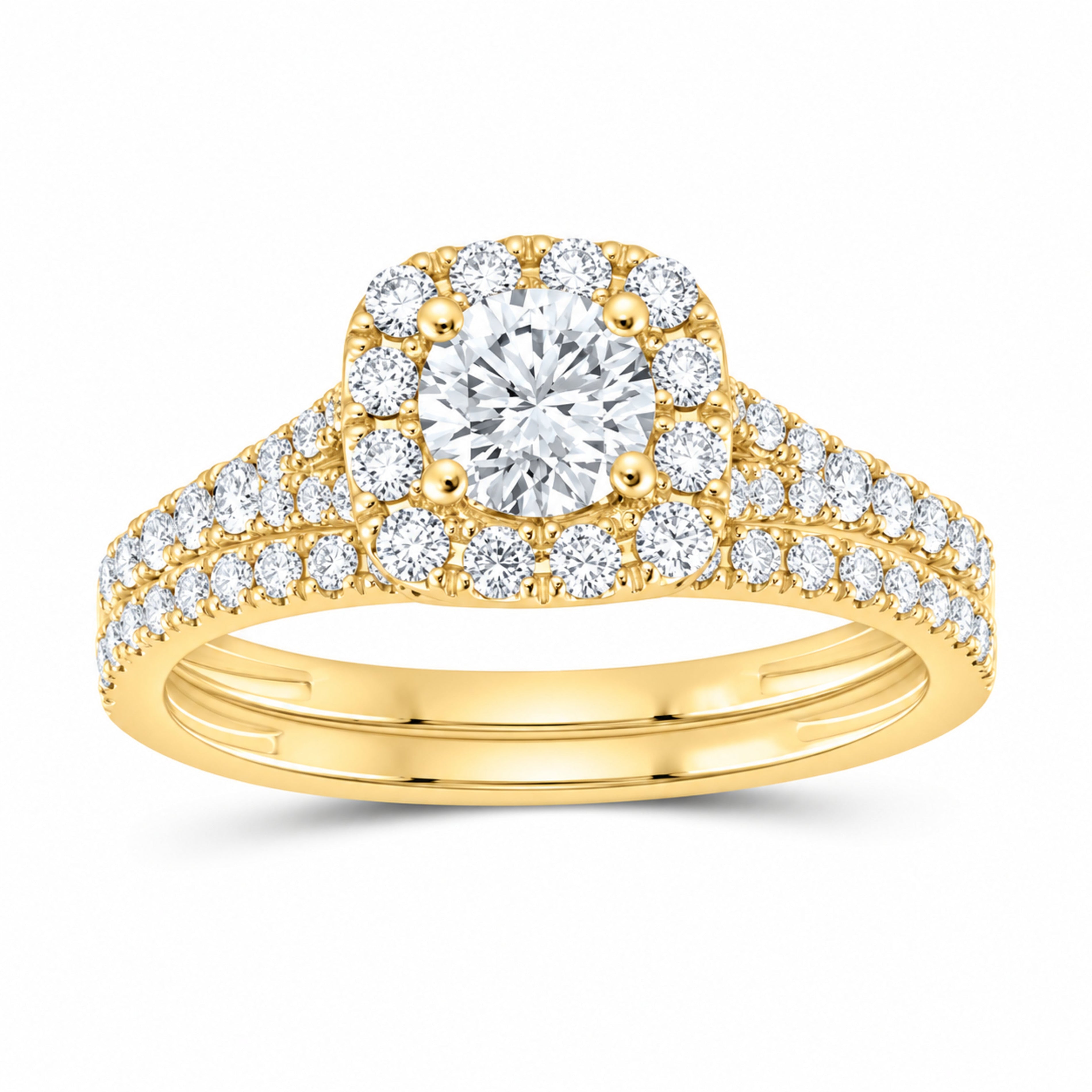 14K Yellow Gold 1 CTW Lab-Grown Diamond Round Cushion Single Halo Bridal Ring Set — SKU 11736