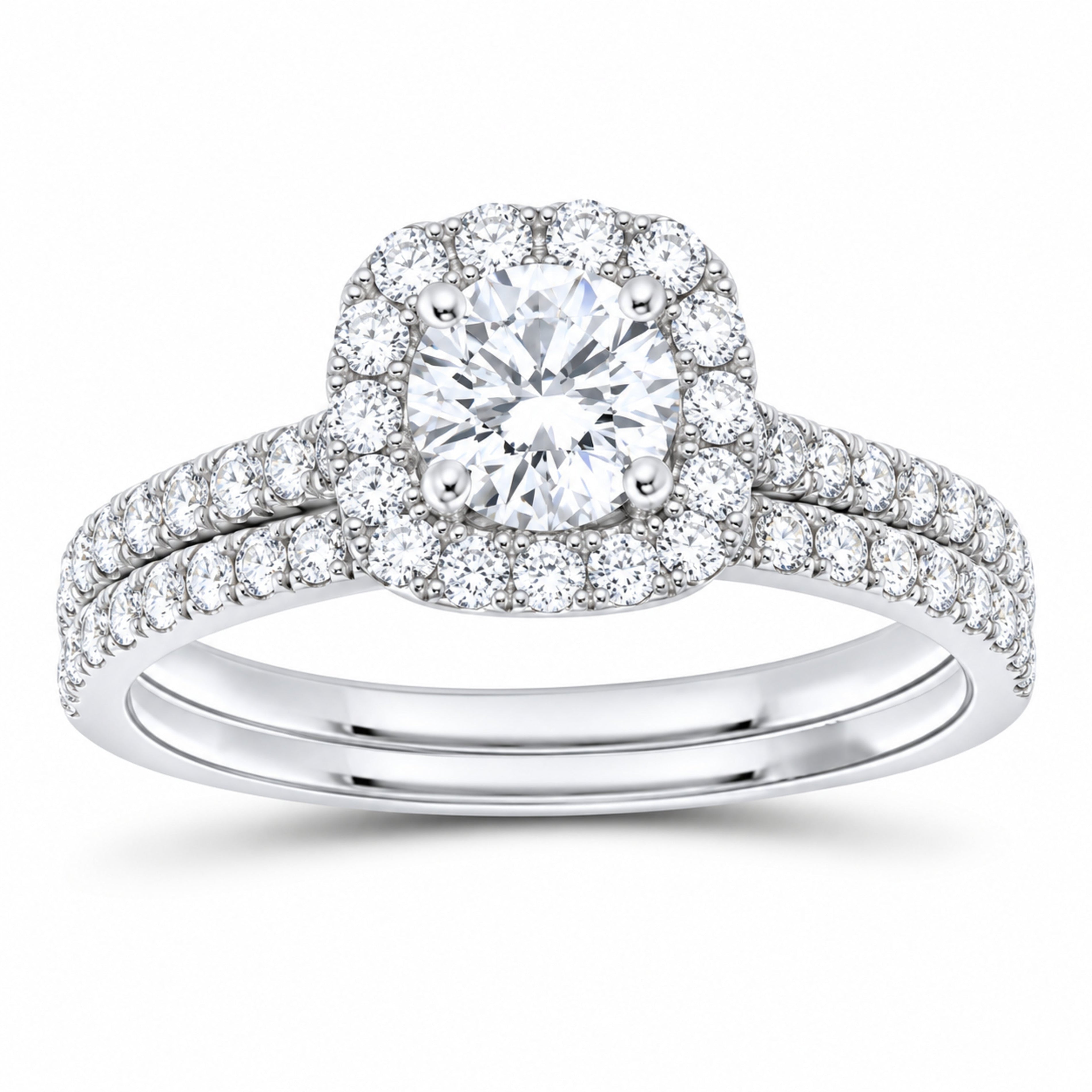 14K White Gold 1 CTW Lab-Grown Diamond Round Cushion Single Halo Bridal Ring Set — SKU 11737
