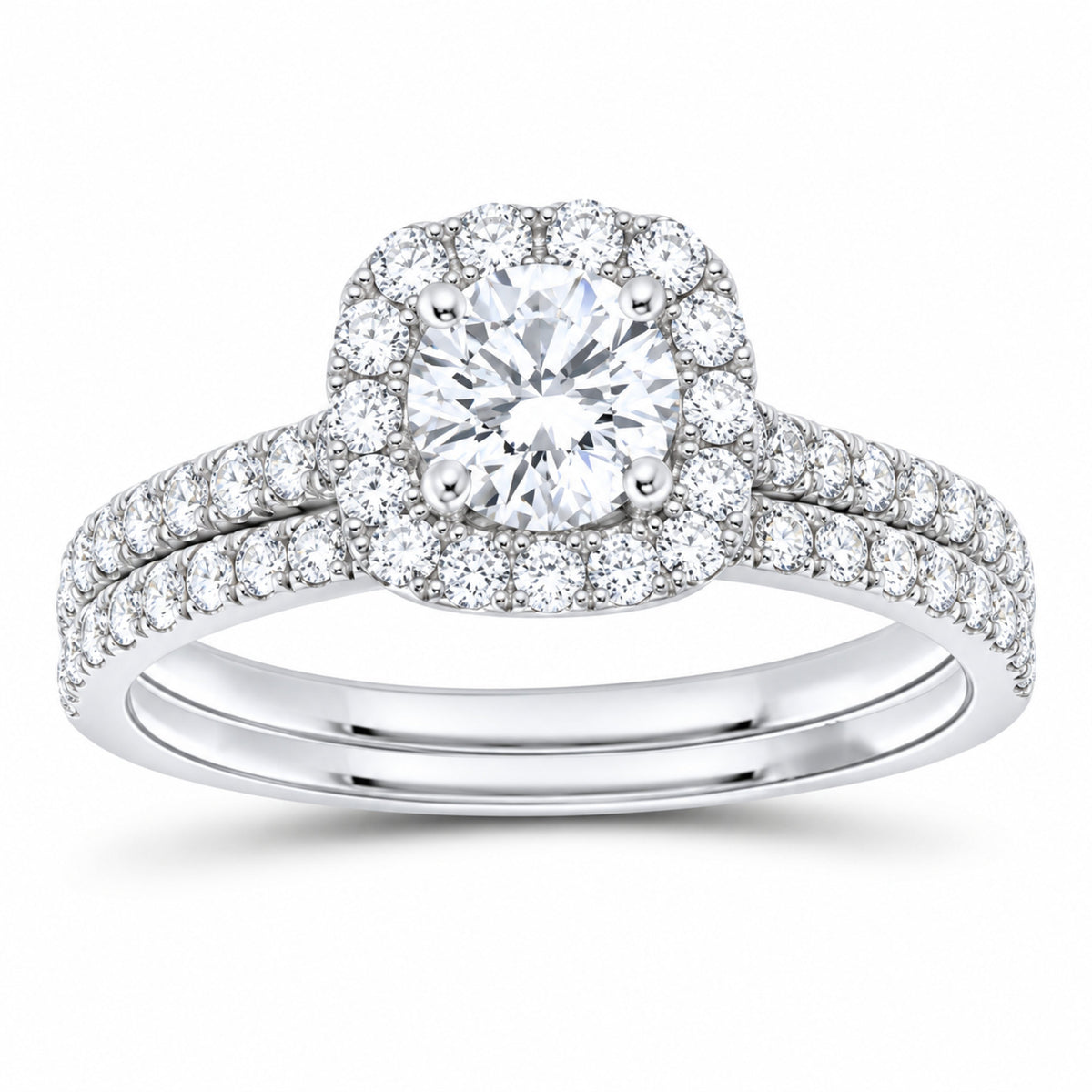 14K White Gold 1 CTW Lab-Grown Diamond Round Cushion Single Halo Bridal Ring Set — SKU 11737
