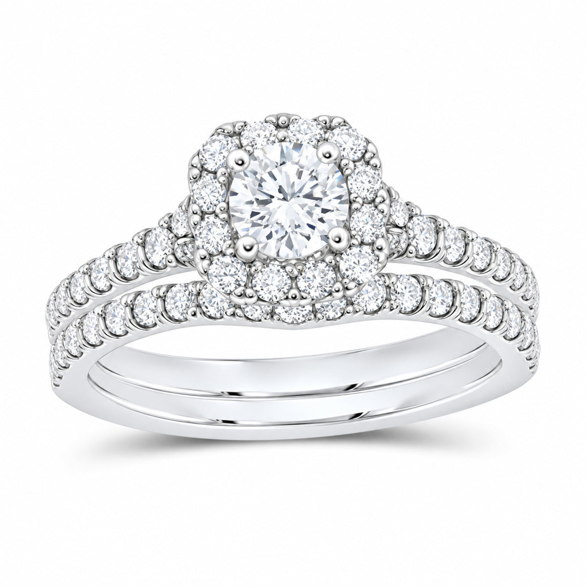 14K White Gold 1 1/4 CTW Lab-Grown Diamond Round Cushion Halo Bridal Ring Set — SKU 11738