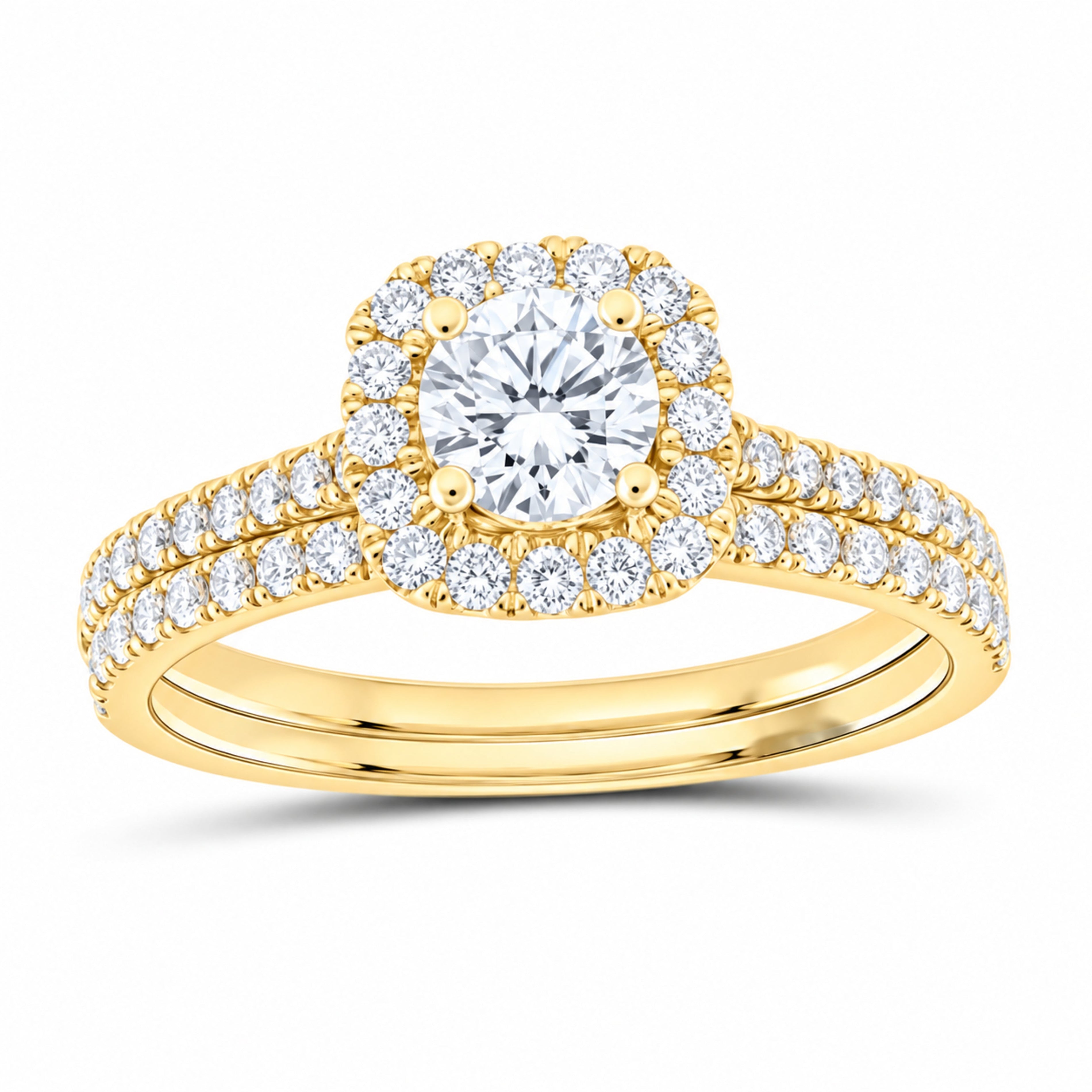 14K Yellow Gold 1 CTW Lab-Grown Diamond Round Cushion Single Halo Bridal Ring Set — SKU 11740