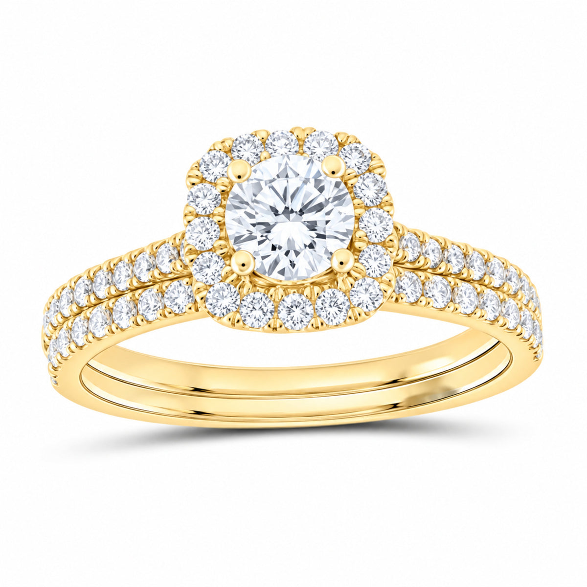 14K Yellow Gold 1 CTW Lab-Grown Diamond Round Cushion Single Halo Bridal Ring Set — SKU 11740